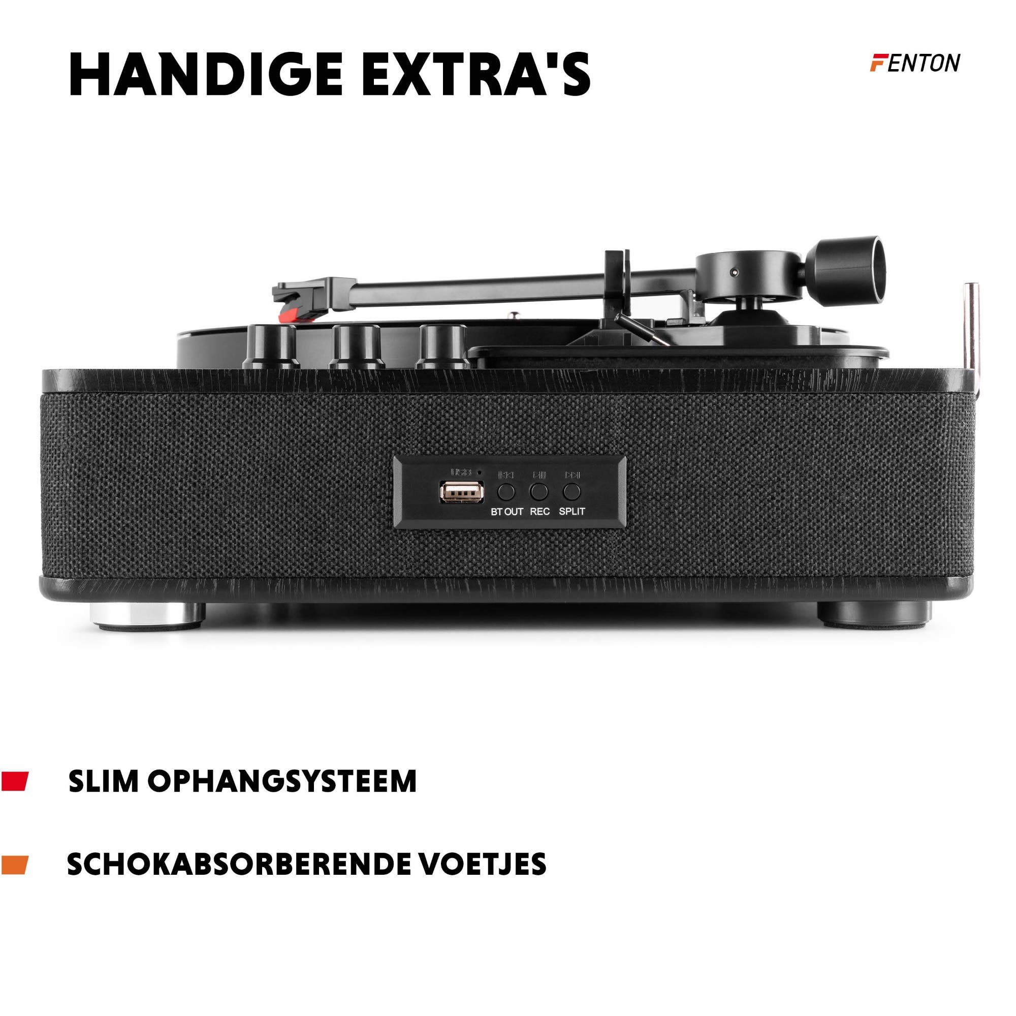 Tocadiscos negro con brazo de tono y botones de control.