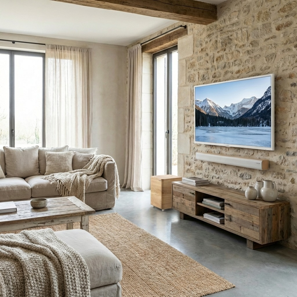 Una acogedora sala de estar con sofá seccional, muebles de madera y pared de piedra.