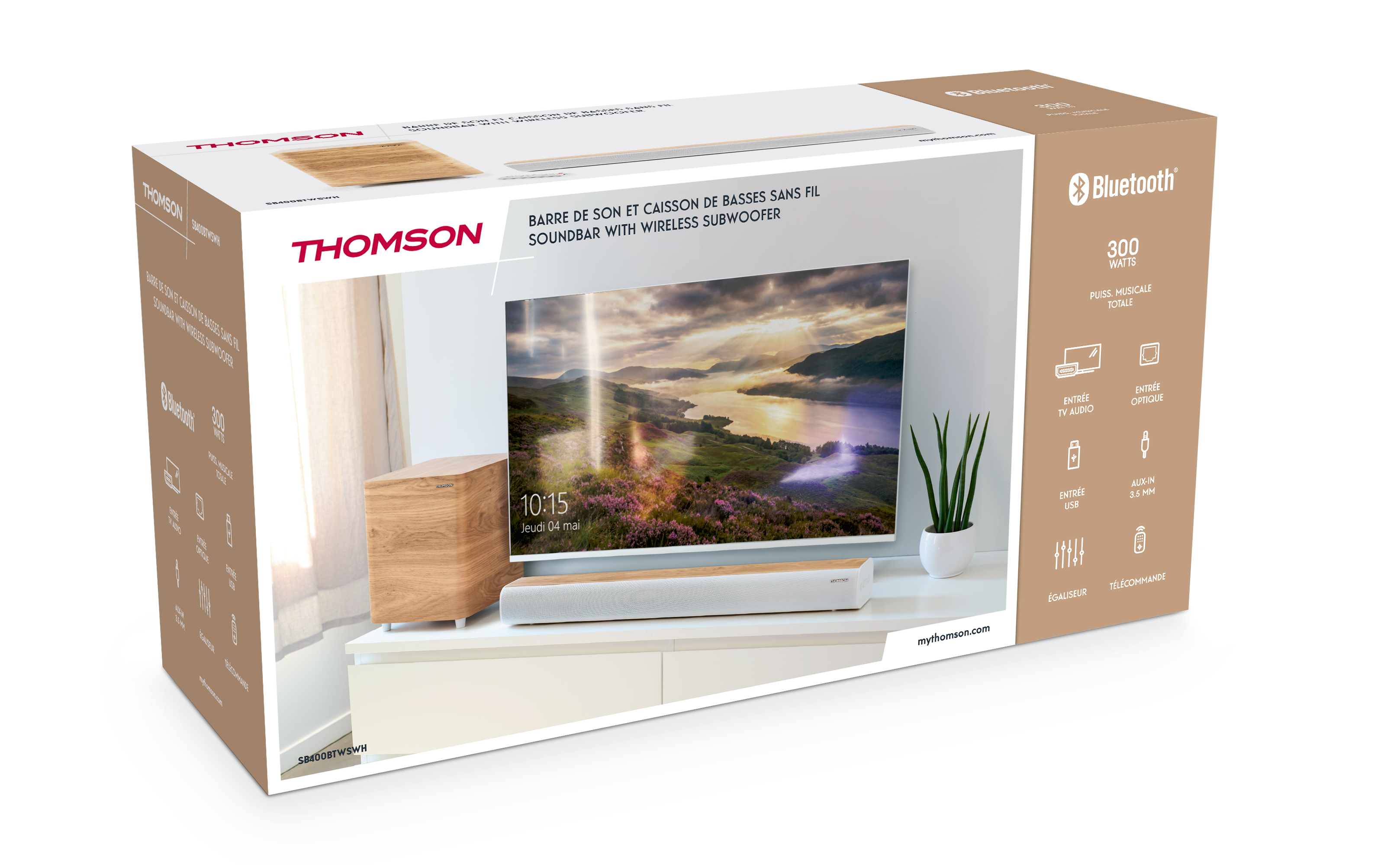 Caja de barra de sonido y subwoofer Thomson con logo Bluetooth y detalles de potencia.