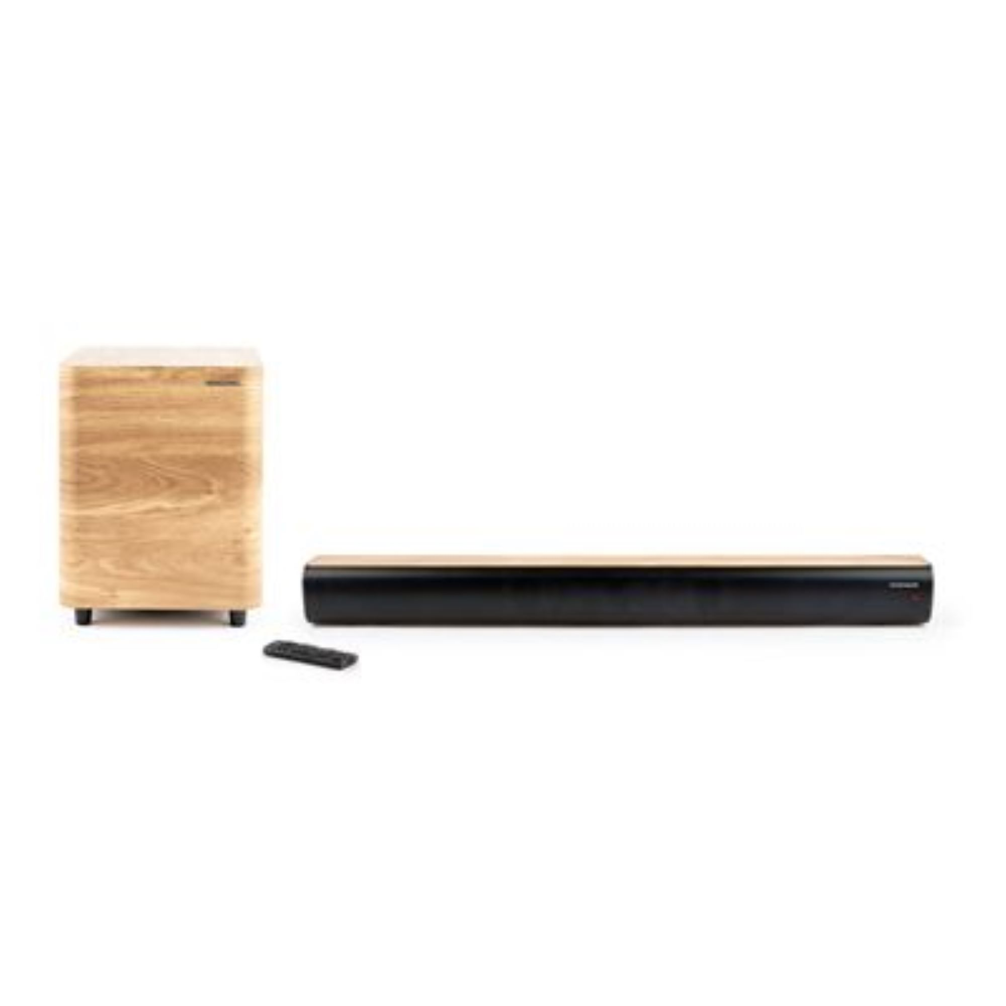 Un subwoofer de madera, una barra de sonido negra con parte superior de madera y un mando.