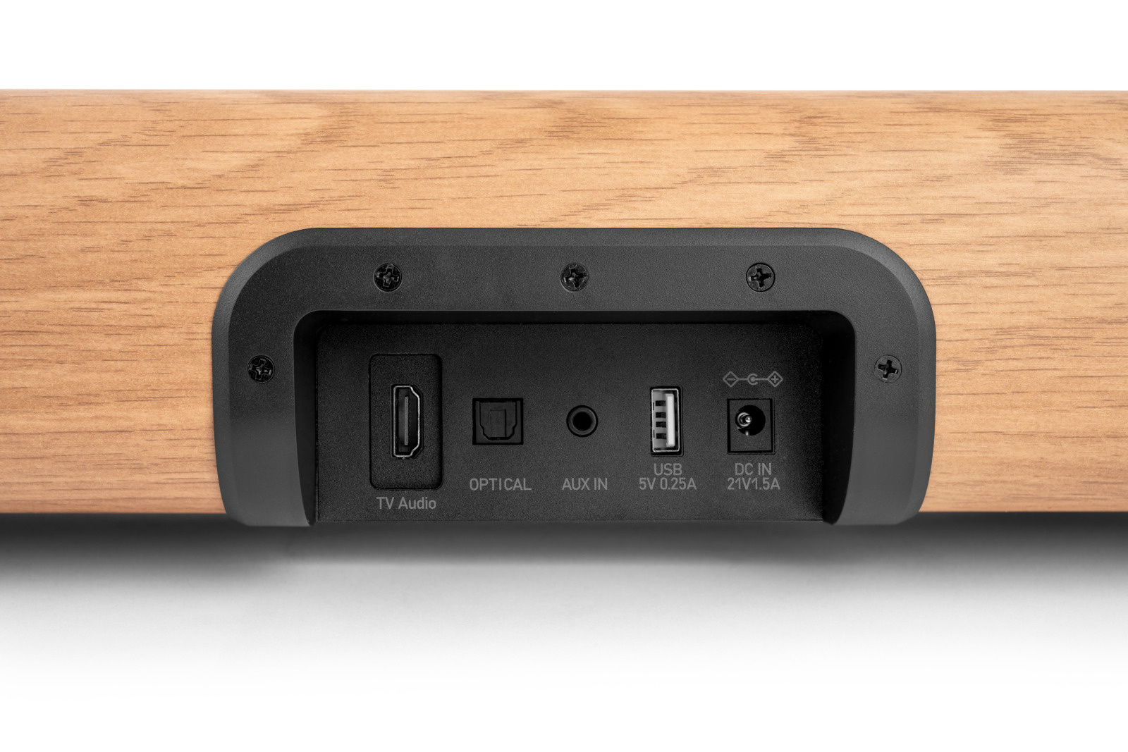 Reverso de altavoz de madera con conexiones: TV Audio, Óptico, Aux In, USB, DC In.