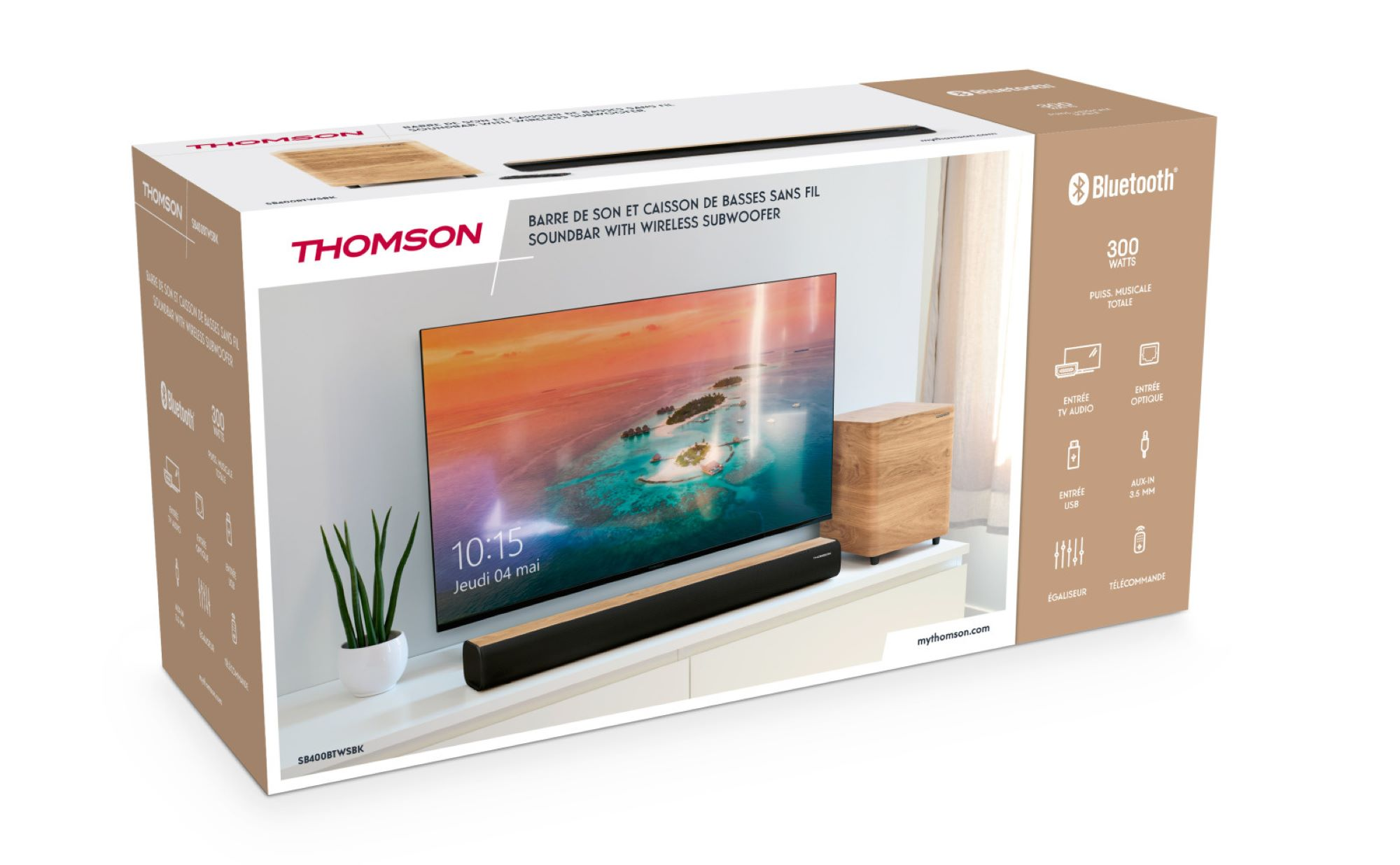 Embalaje con barra de sonido Thomson, subwoofer y TV con pantalla tropical.