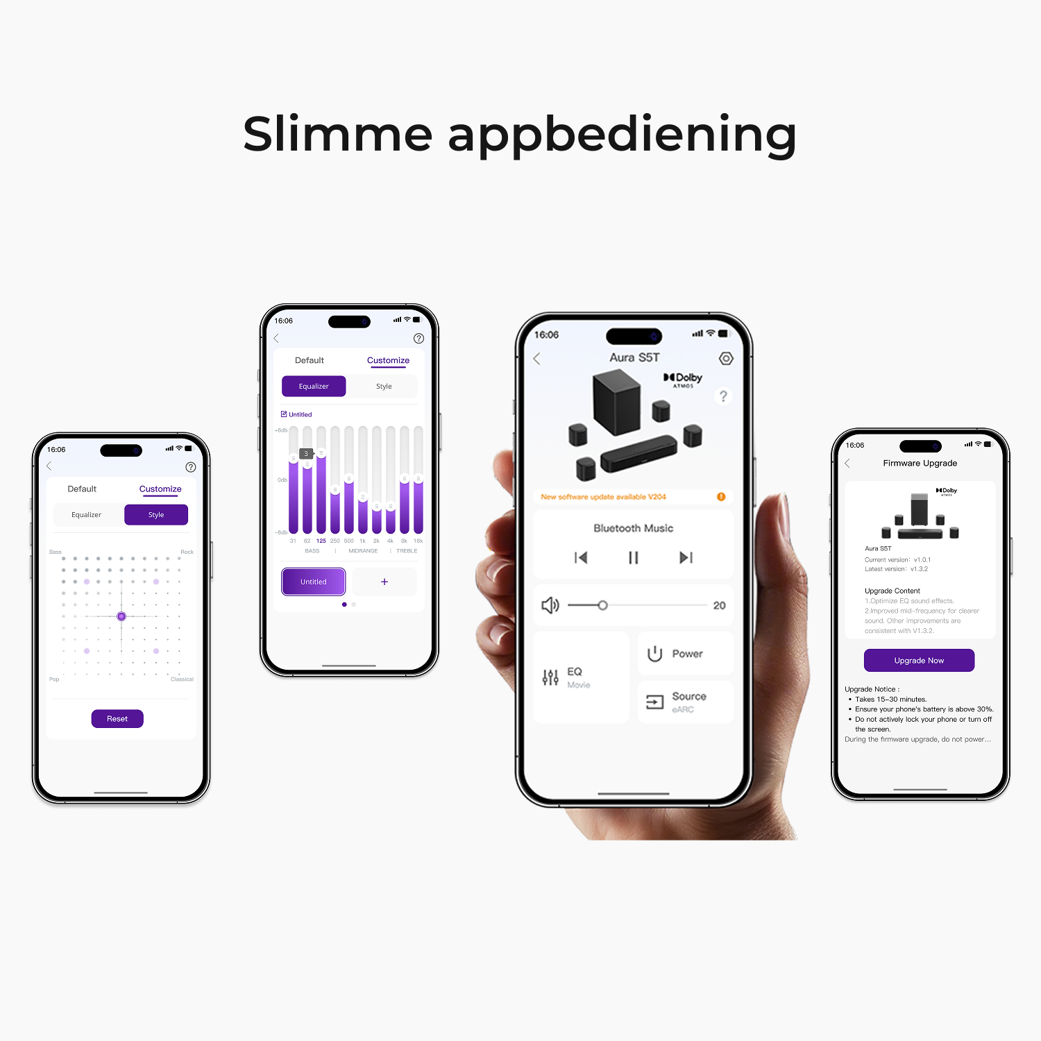 Quatre écrans de smartphone affichent les paramètres audio.