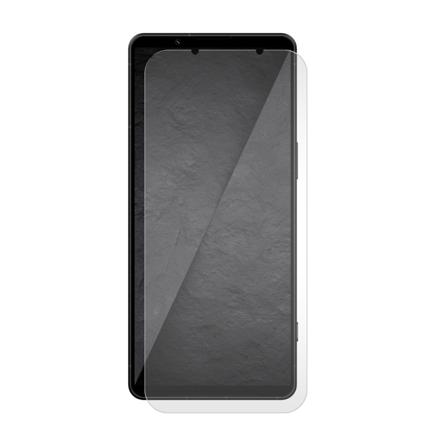 Een zwarte smartphone met een screenprotector op het scherm.