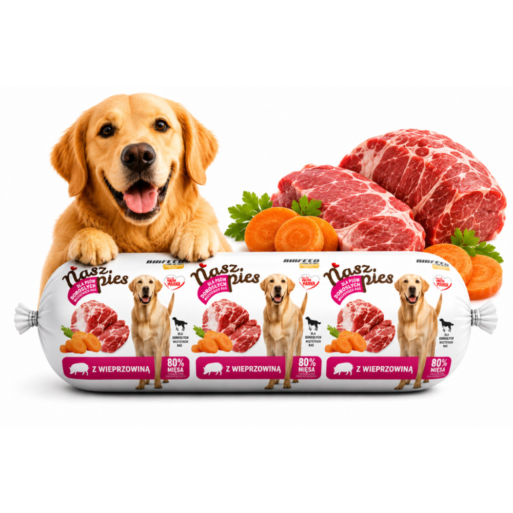 Golden retriever obok kiełbasy dla psów z mięsem i marchewkami.