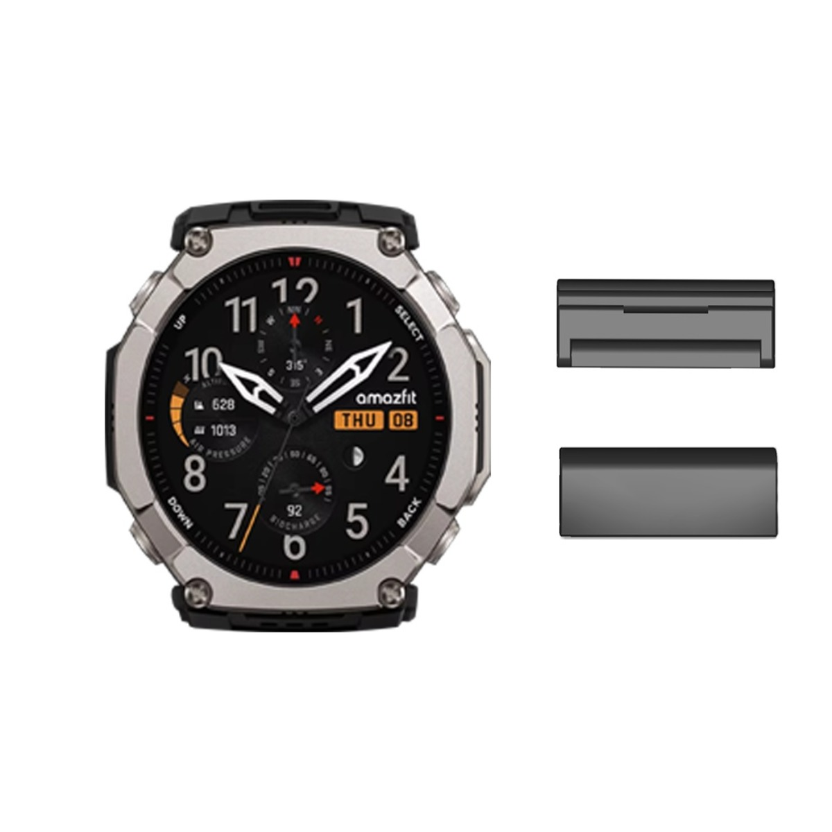 Silberne Smartwatch mit schwarzem Zifferblatt, zeigt Uhrzeit und Luftdruck. Zwei schwarze Ladekabel.