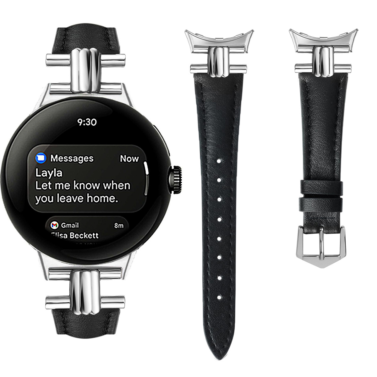 Czarny smartwatch wyświetlający wiadomości, obok dwa paski.