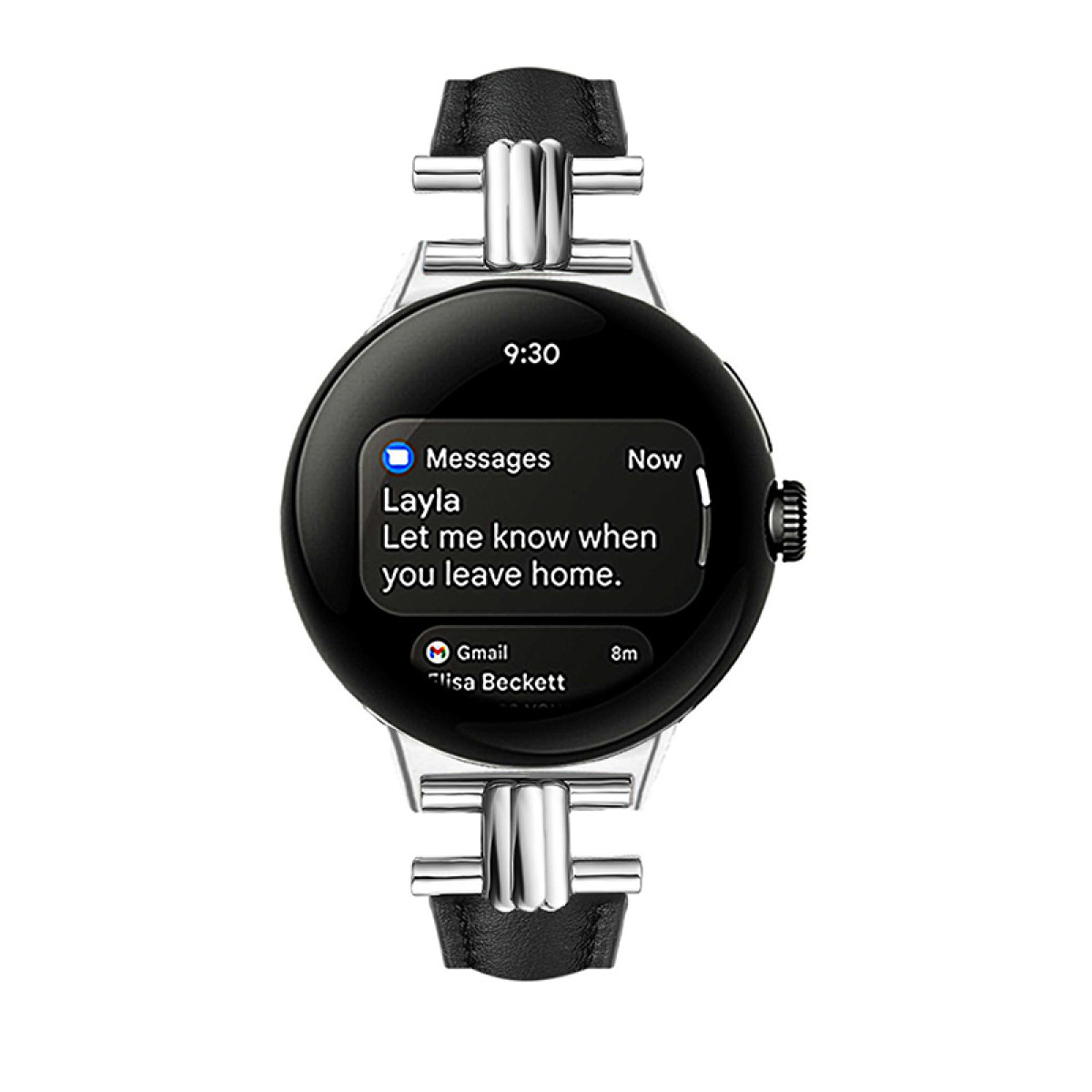 Zegarek smartwatch z czarnym paskiem wyświetla wiadomość od Layli.