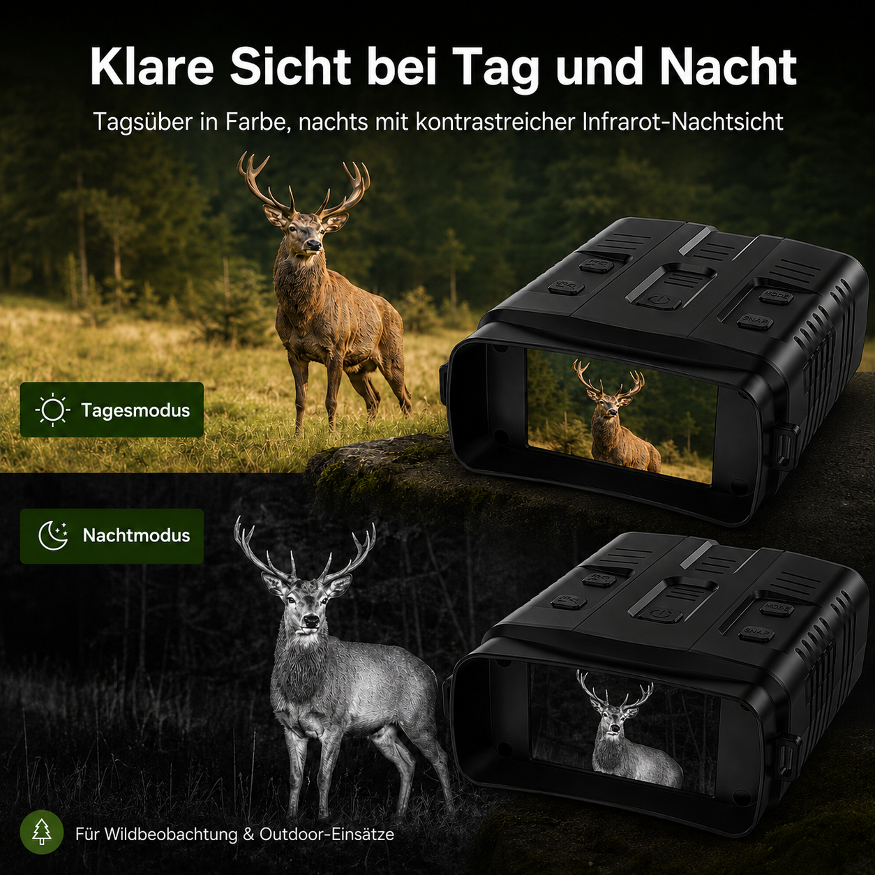 Nachtsichtgerät zeigt Hirsch bei Tag und Nacht. Tagmodus farbig, Nachtmodus Infrarot.