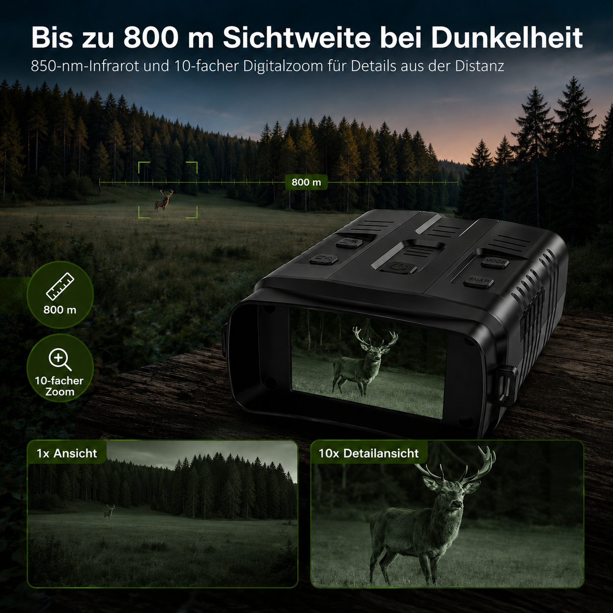 Nachtsichtgerät mit 800m Reichweite, zeigt Hirsch in Nah- und Fernansicht