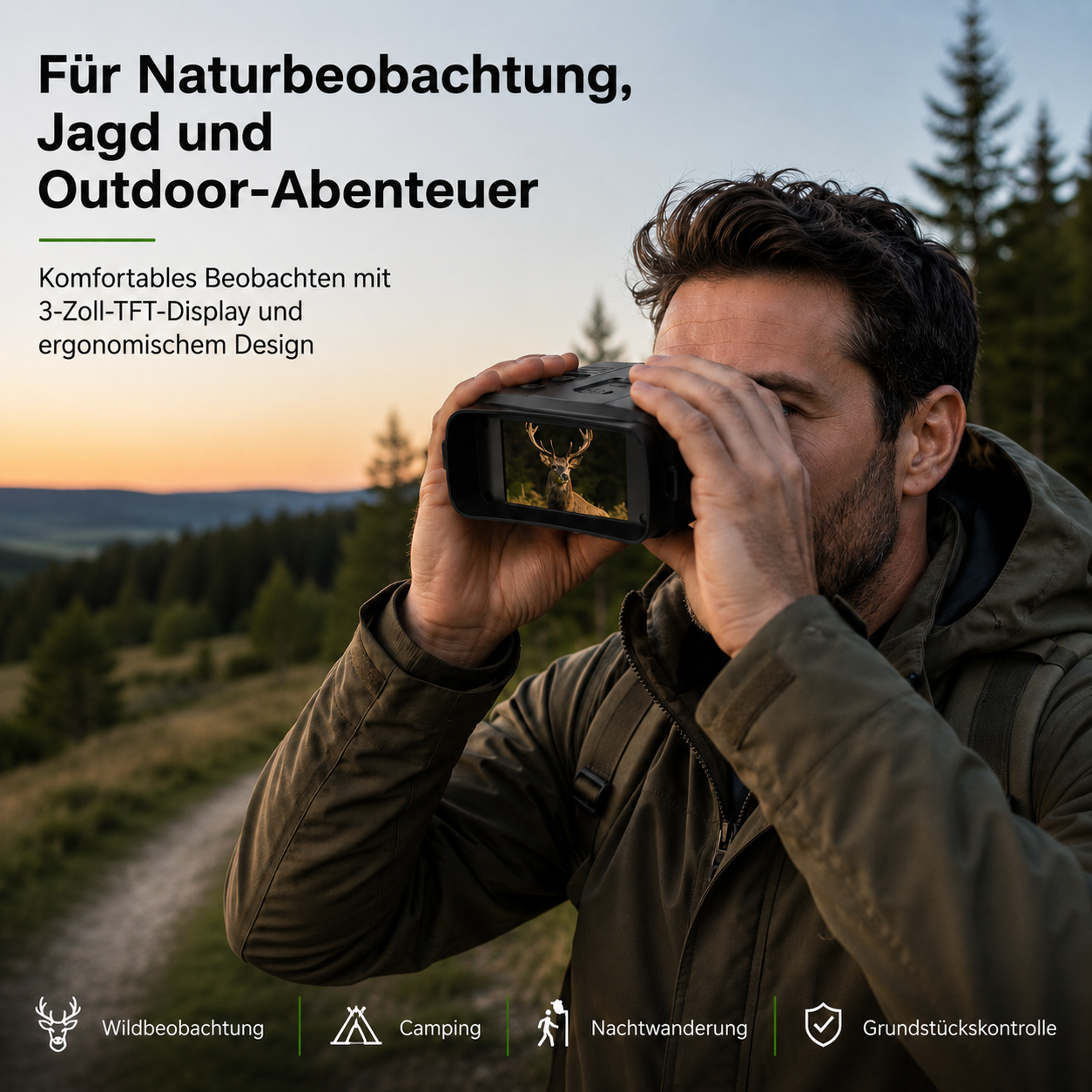 Mann blickt durch Fernglas auf Hirsch im Wald bei Dämmerung.