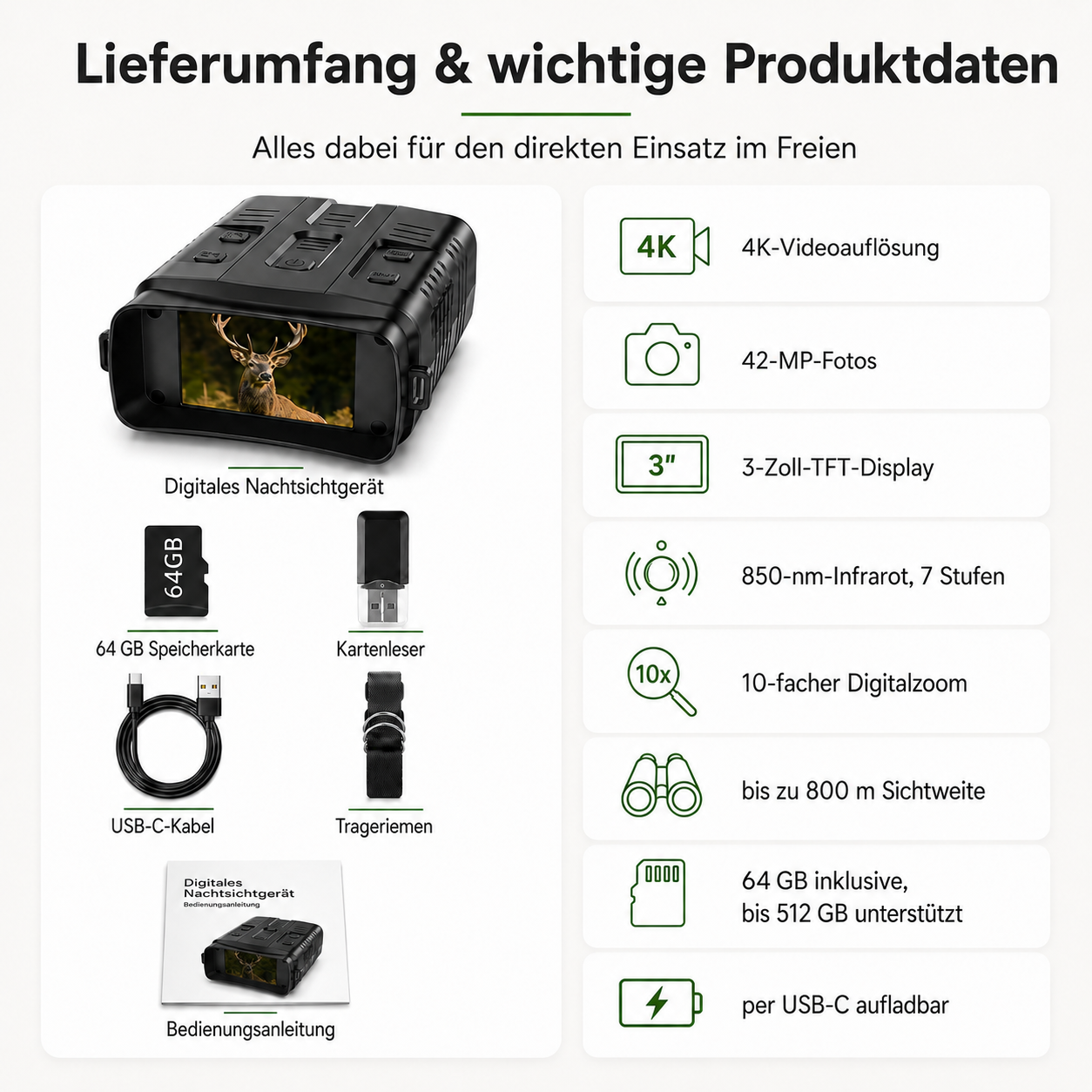 Digitales Nachtsichtgerät mit Zubehör und technischen Daten.