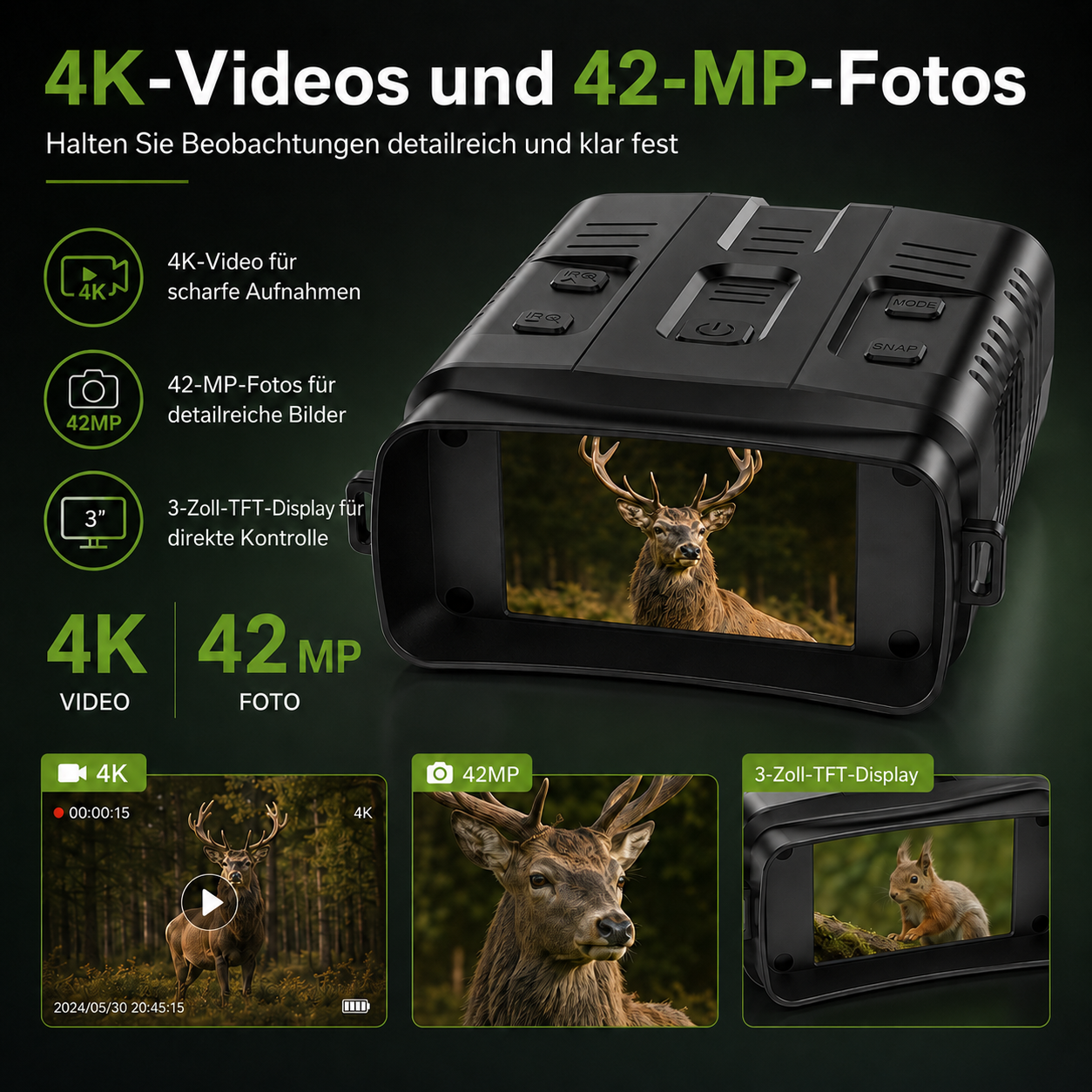 Nachtsichtgerät zeigt Hirsch im Wald, Einhörner, Eichhörnchen. 4K Video & 42MP Foto.