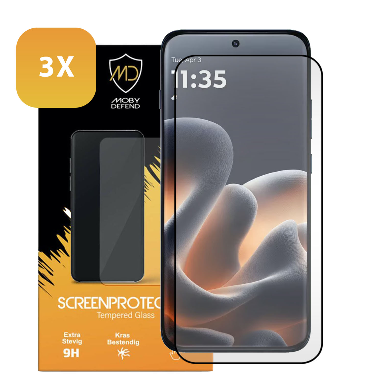 Emballage pour un protecteur d'écran en verre trempé 3x avec logo et image de téléphone.