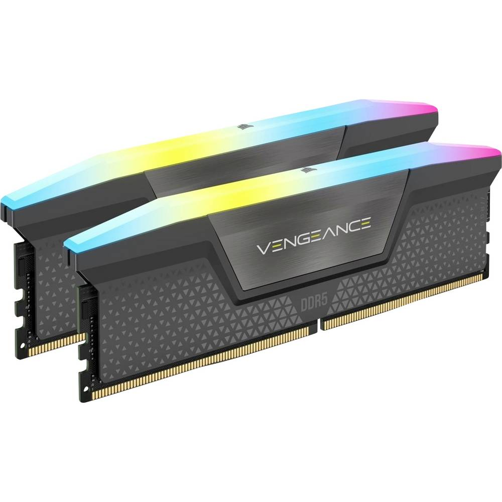Due moduli RAM DDR5 neri con parte superiore illuminata di blu, giallo e rosa.