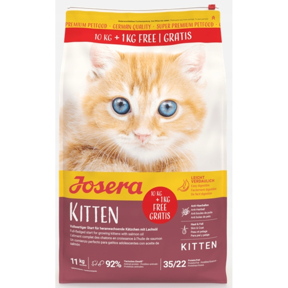 Torba karmy dla kotów Josera Kitten z młodym, pomarańczowym kotkiem o niebieskich oczach.