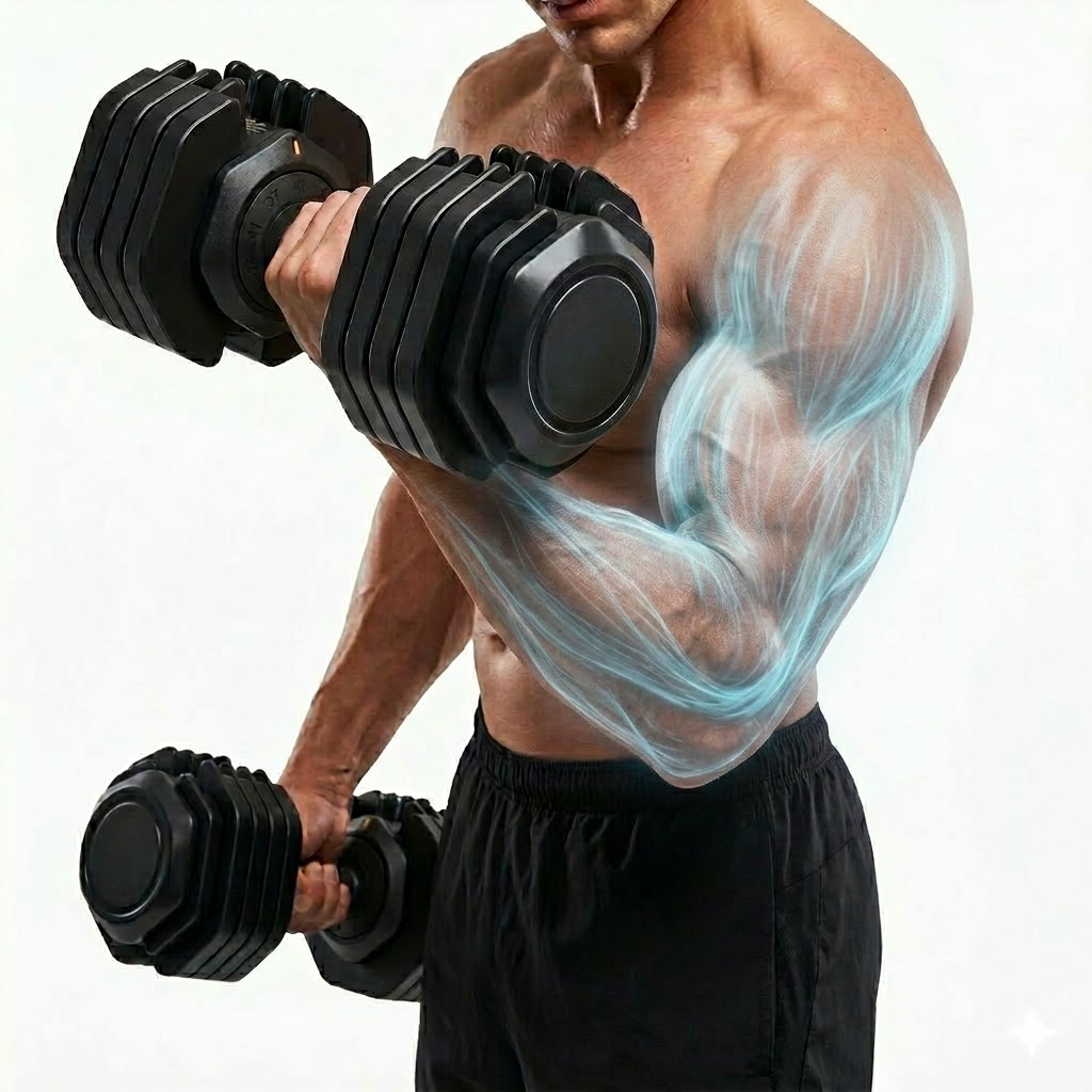 Man tilt zwarte dumbbells, blauwe lichten benadrukken spieren.