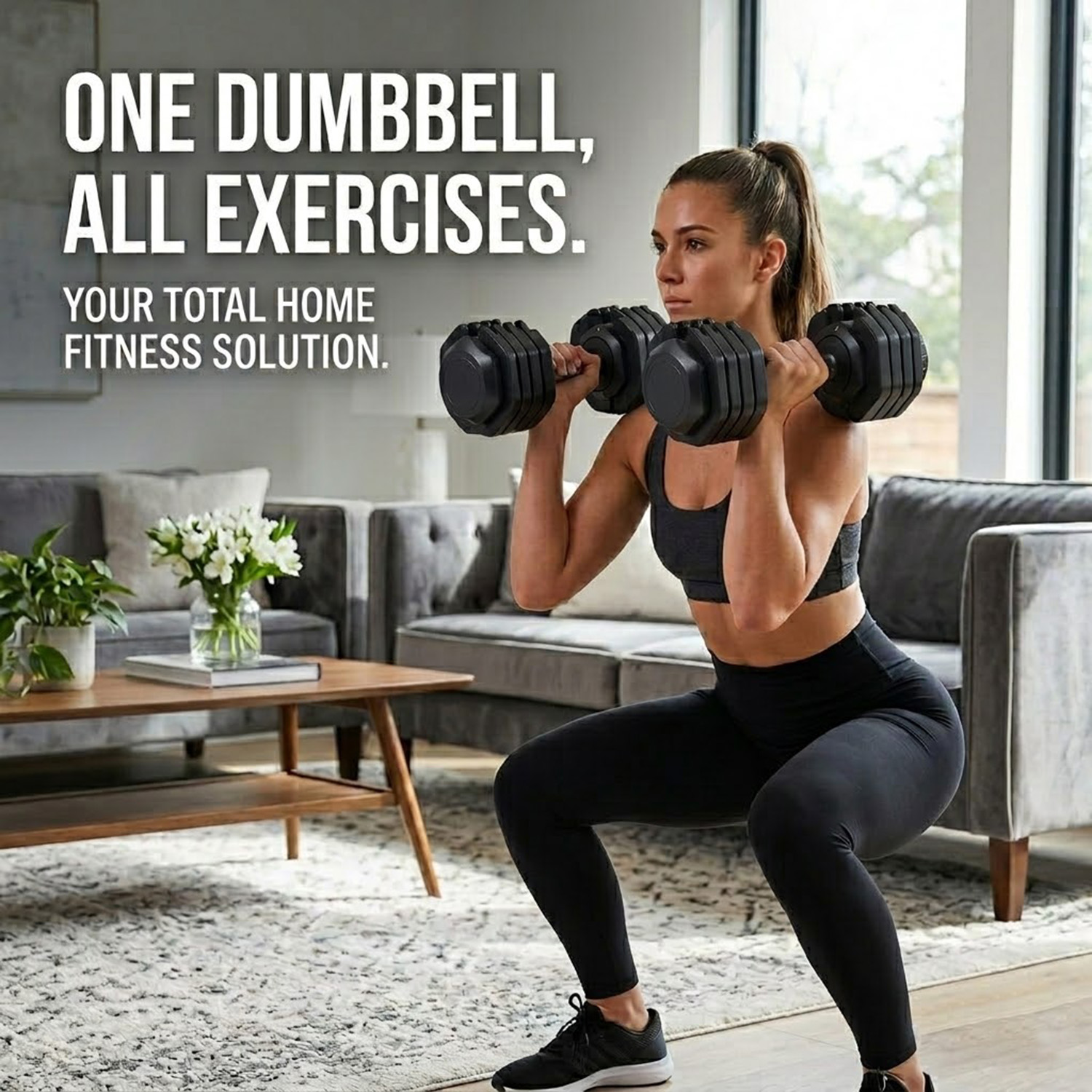 Vrouw doet squats met dumbbells in een moderne woonkamer.