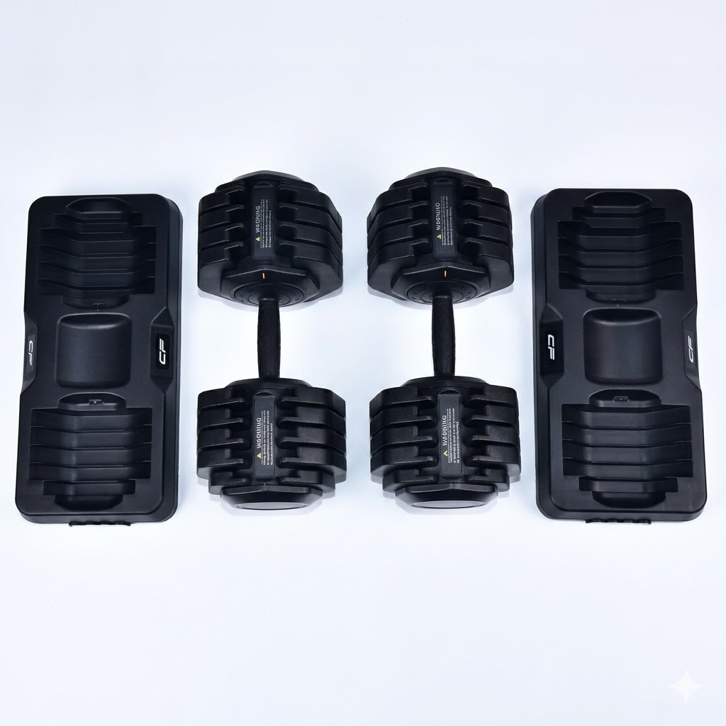 Twee zwarte verstelbare dumbbells met zwarte gewichtstandaards op witte achtergrond.
