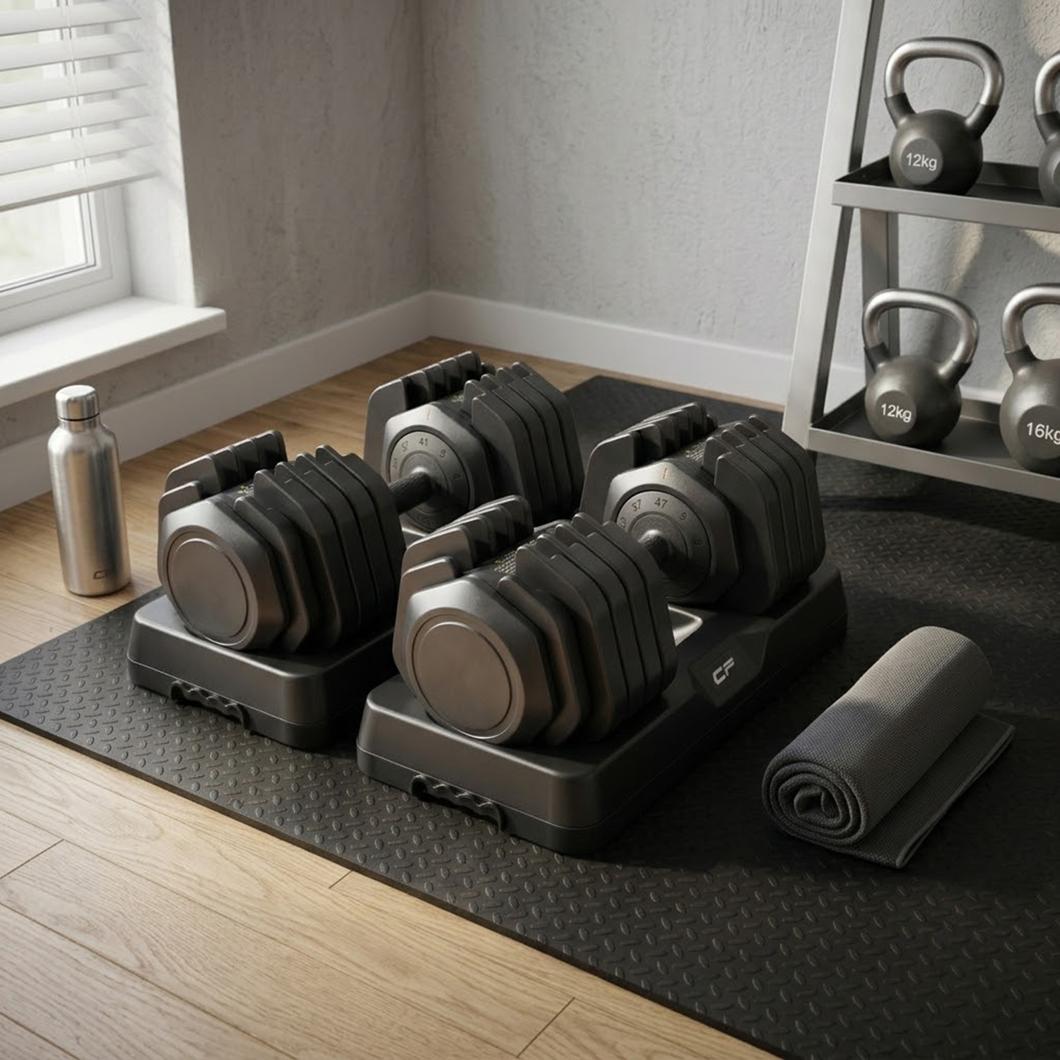 Verstelbare halters op een mat, met waterfles en kettlebells in een rek.
