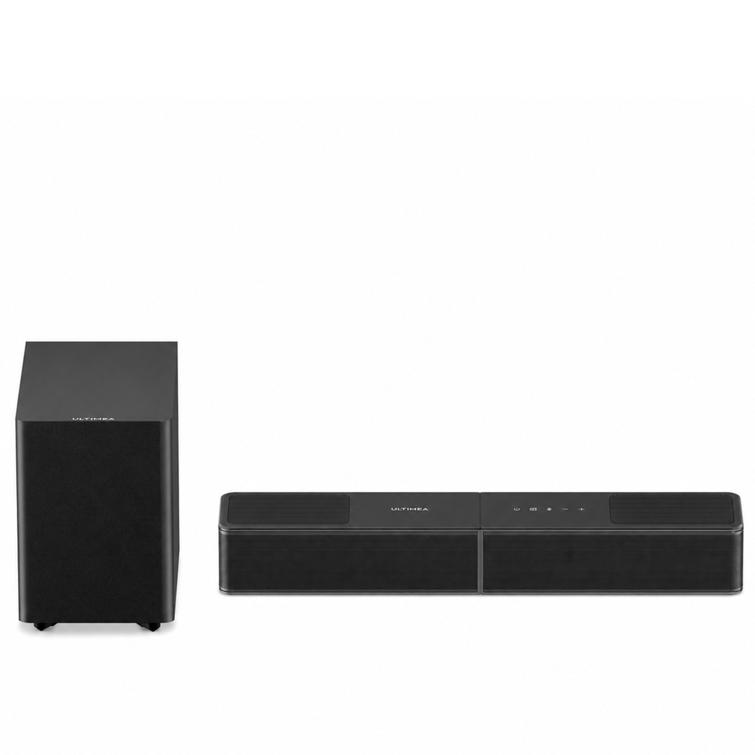 Schwarzer Subwoofer und Soundbar von ULTIMEA auf weißem Hintergrund.