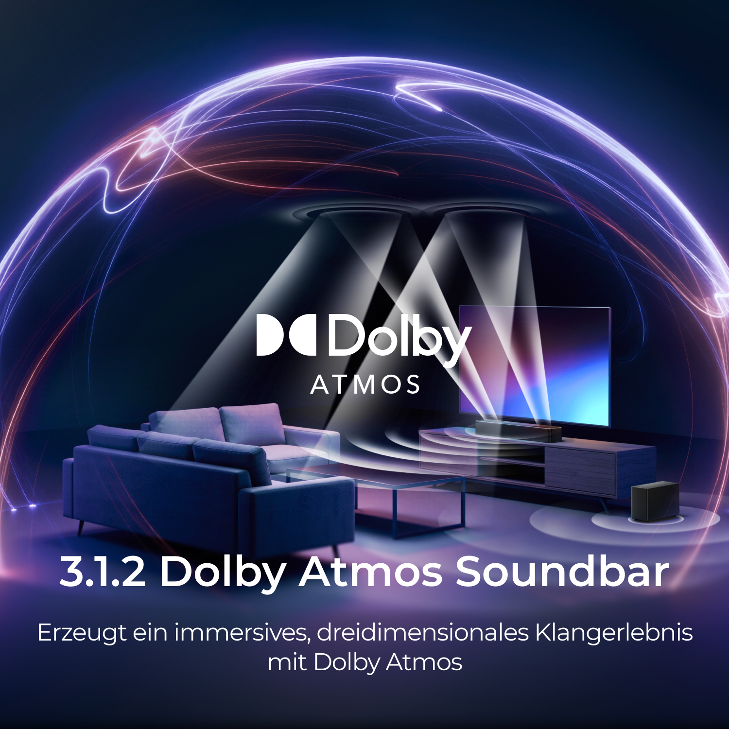 Ein Wohnzimmer mit Dolby Atmos Soundbar, Sofa und Fernseher.