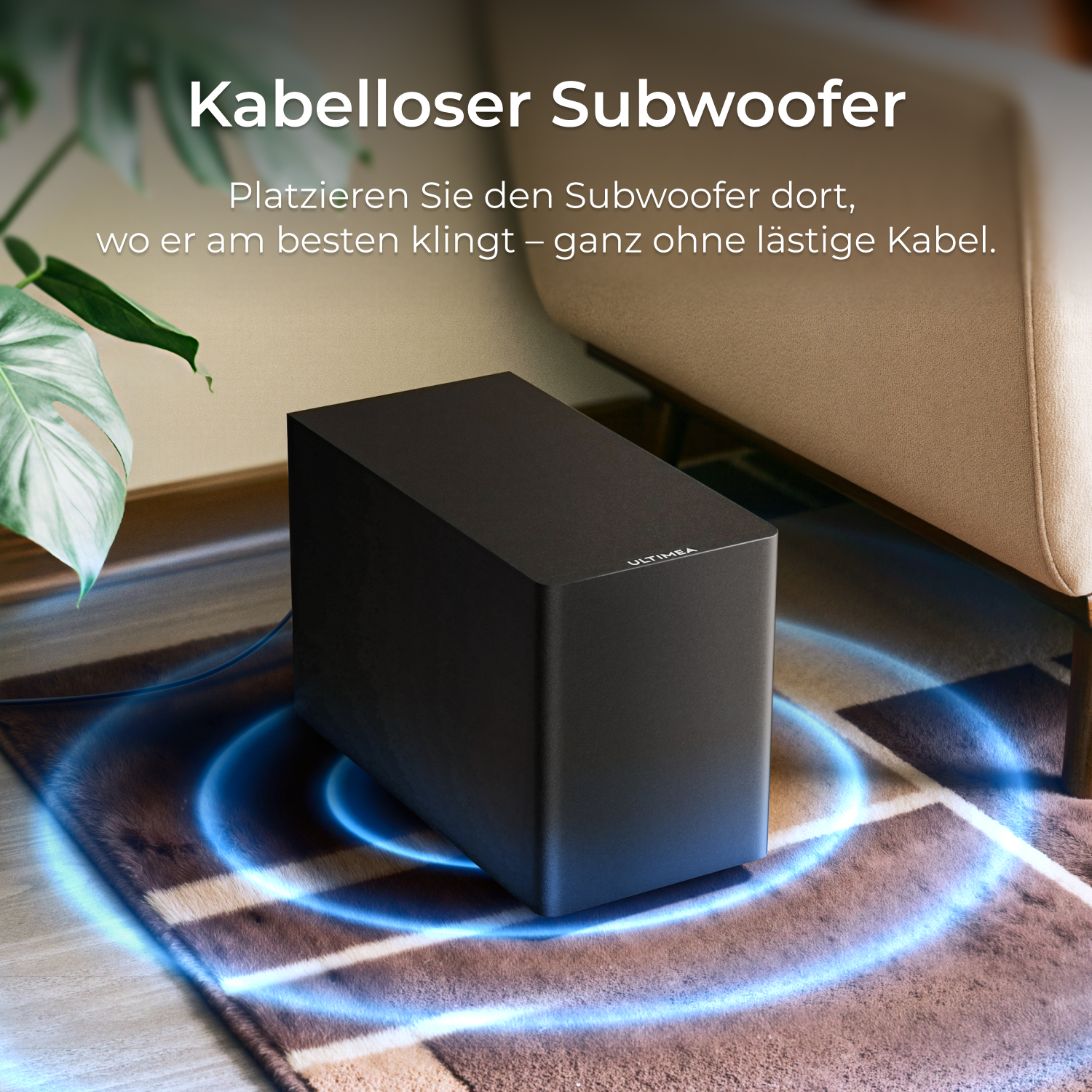 Schwarzer Subwoofer auf einem Teppich, mit blauen Schallwellen.