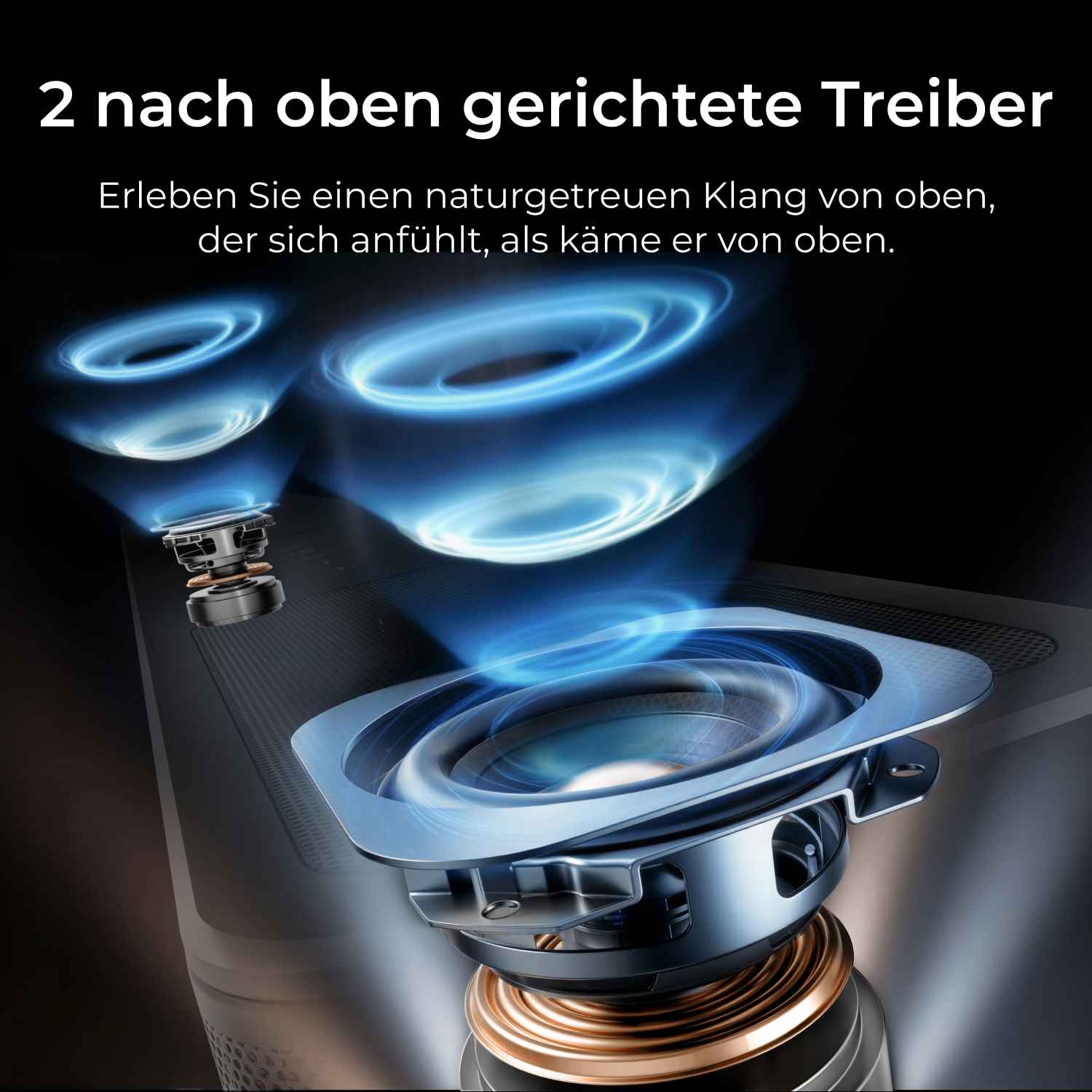 Zwei nach oben gerichtete Treiber mit blauen Schallwellen.