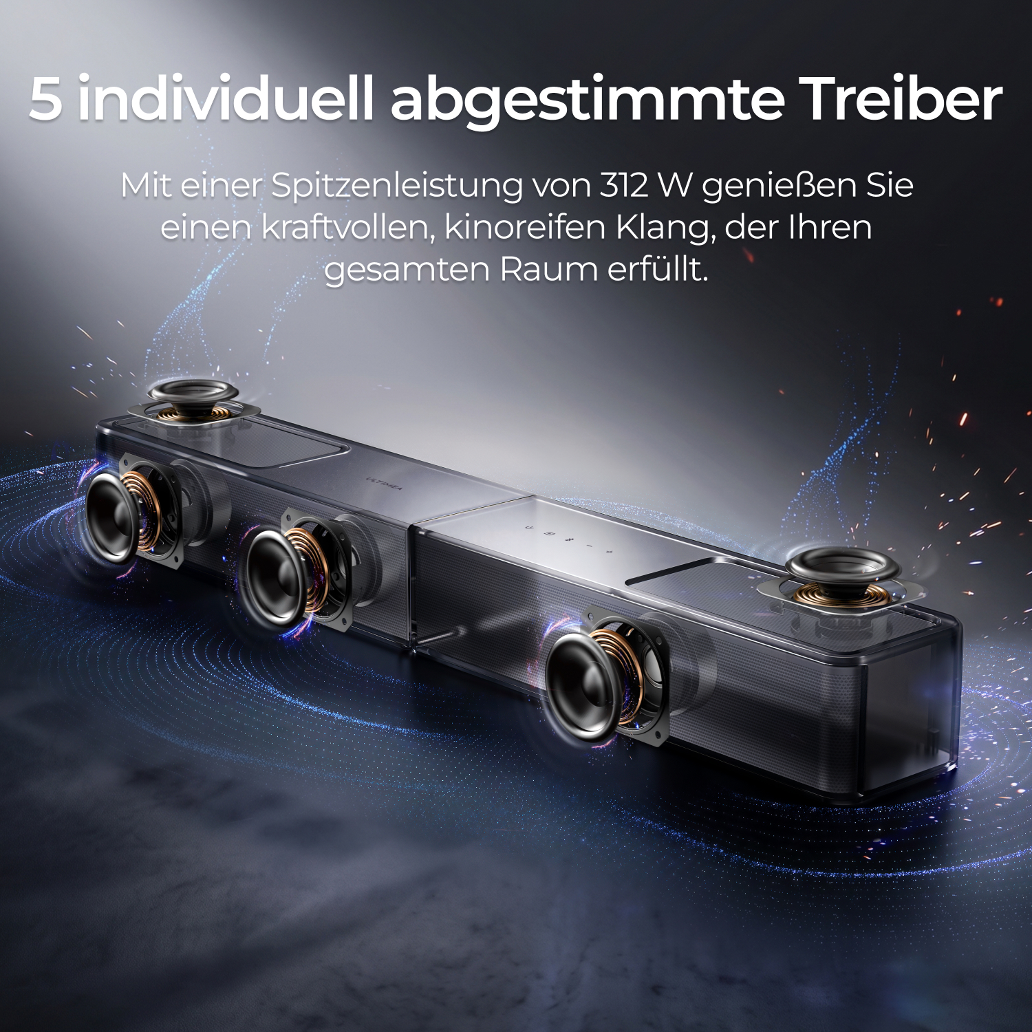 Ein moderner, transparenter Soundbar mit fünf Treibern, der auf einem dunklen Hintergrund steht.