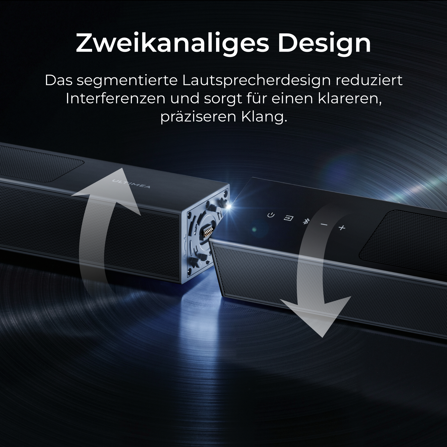 Zwei schwarze Lautsprecher-Elemente werden mit Pfeilen verbunden, die eine Montage andeuten.
