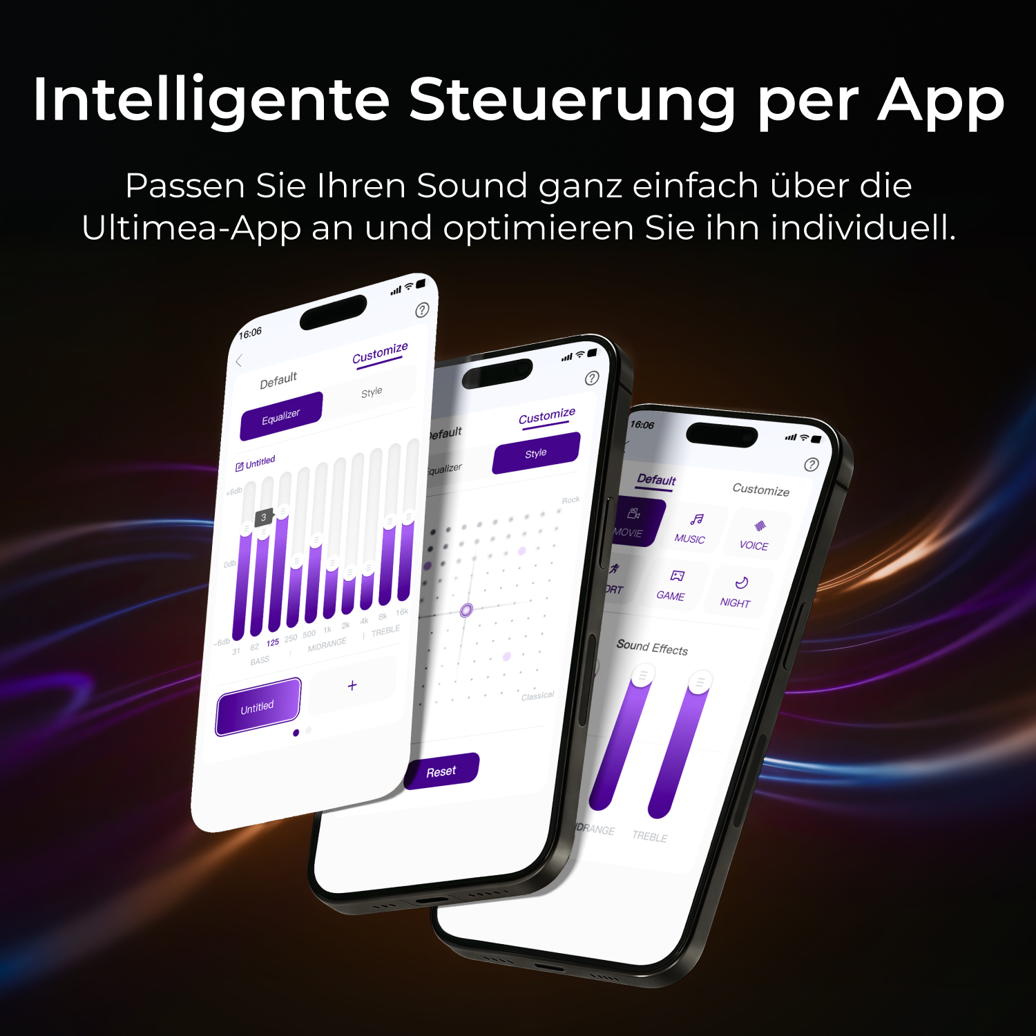 Drei Smartphones zeigen Equalizer-Einstellungen und Sound-Effekte der Ultimea-App.