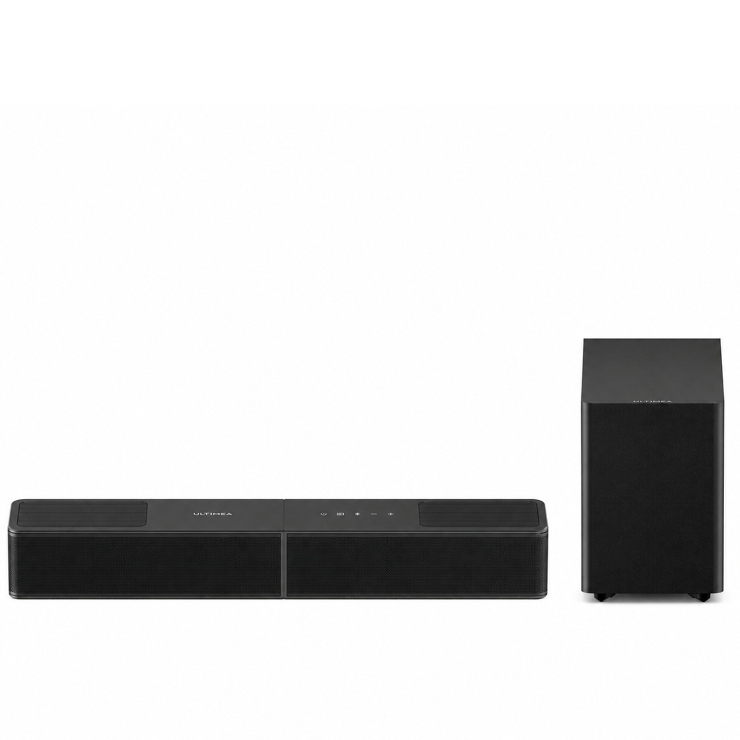 Schwarzer Soundbar und Subwoofer auf weißem Hintergrund.