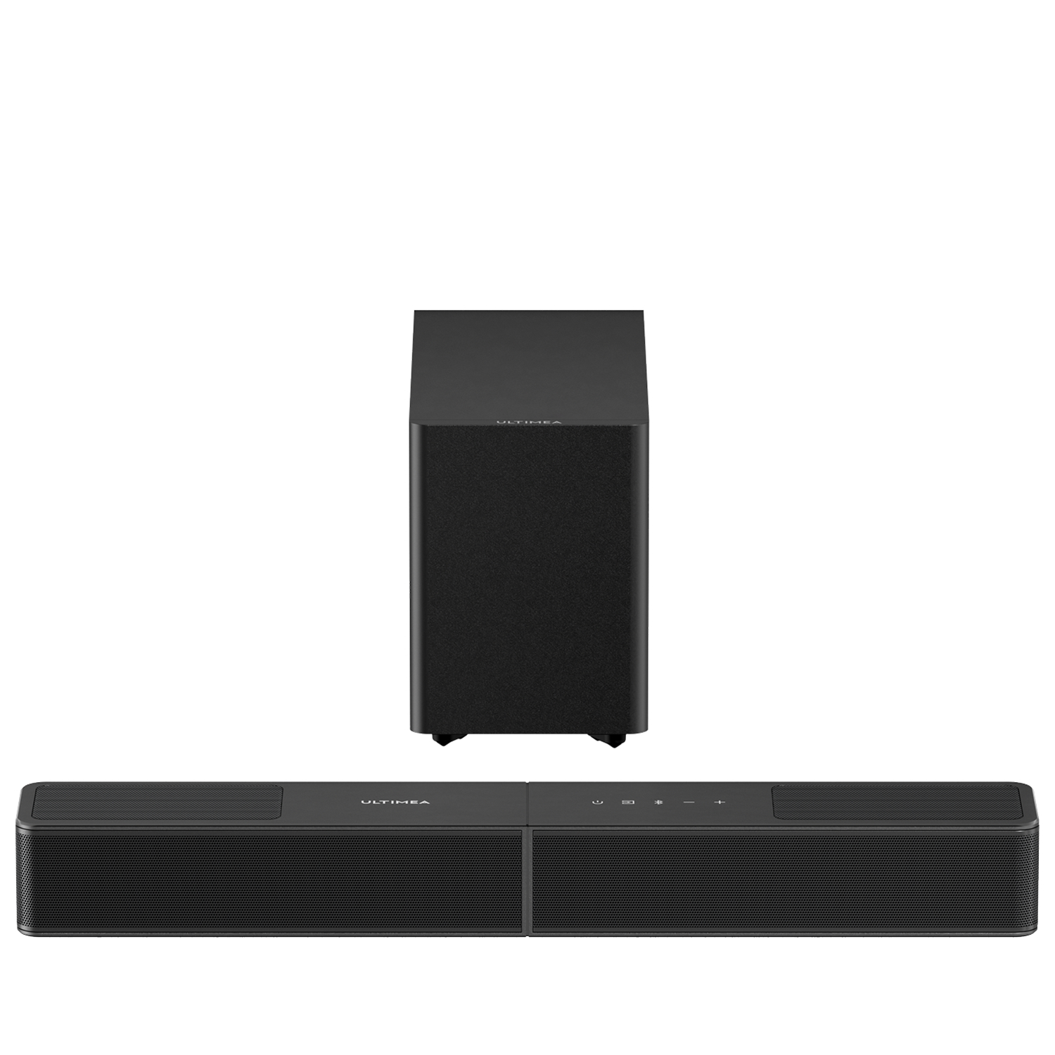 Schwarzer Subwoofer und Soundbar mit Bedienelementen.