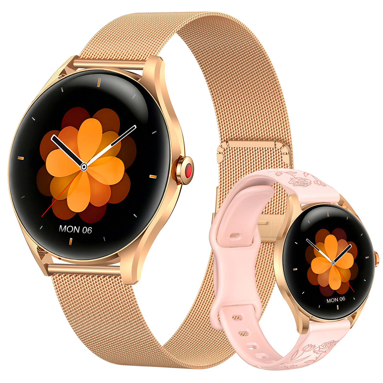 Zwei Smartwatches: eine mit goldenem Milanaise-Armband, eine mit rosa Band.