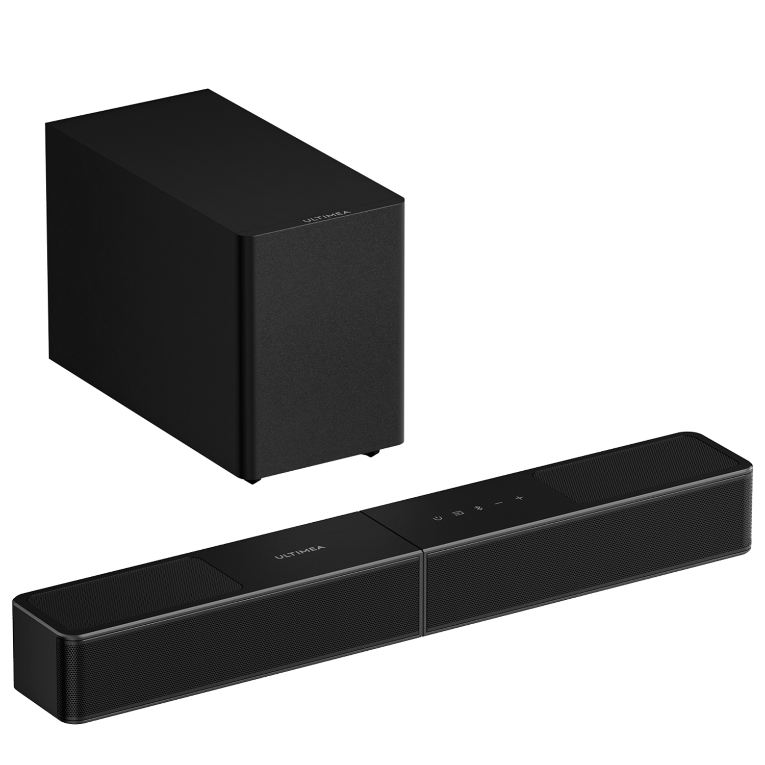 Schwarzer Subwoofer und eine schmale Soundbar auf weißem Hintergrund.