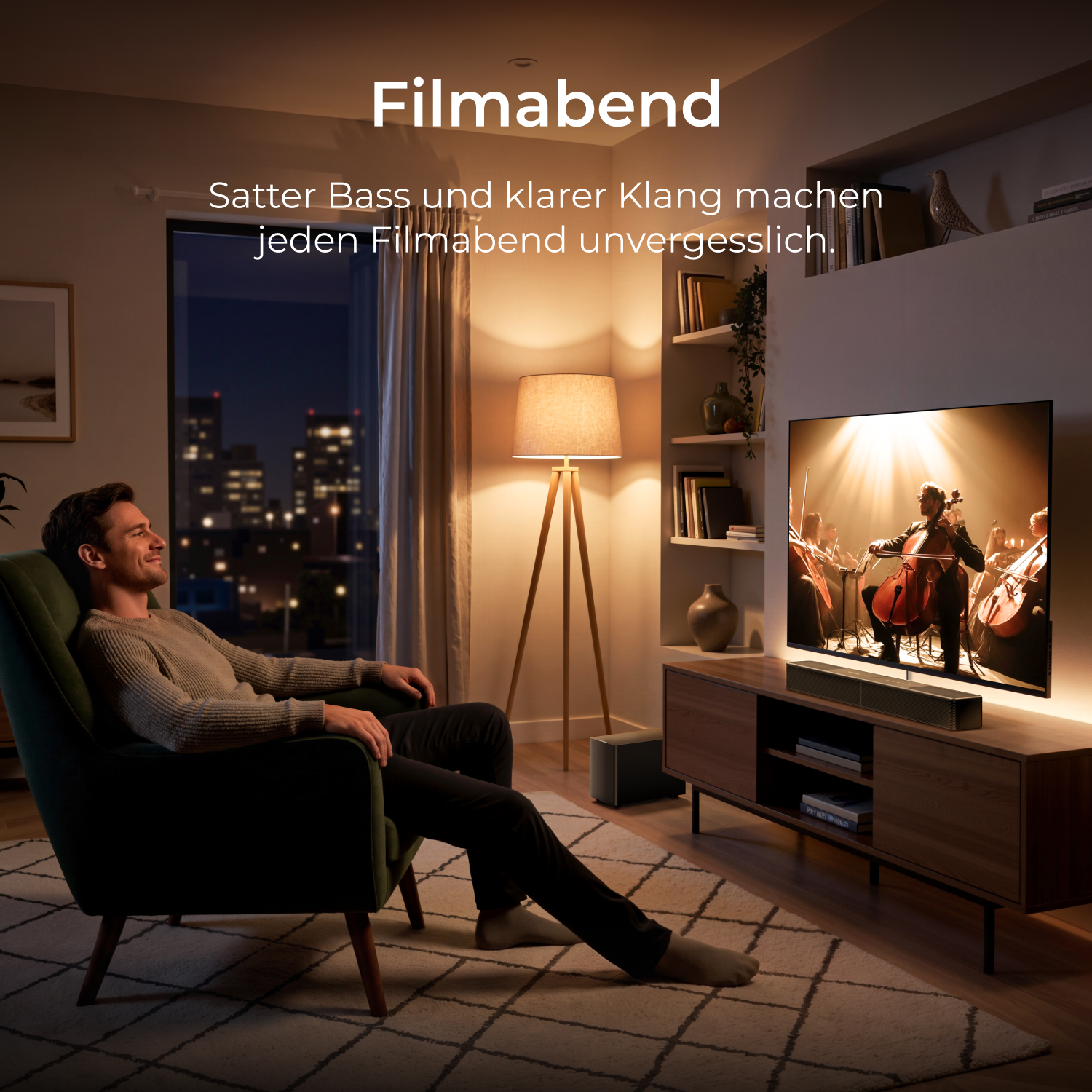 Mann entspannt im Sessel, schaut einen Film über ein Orchester auf dem Fernseher.