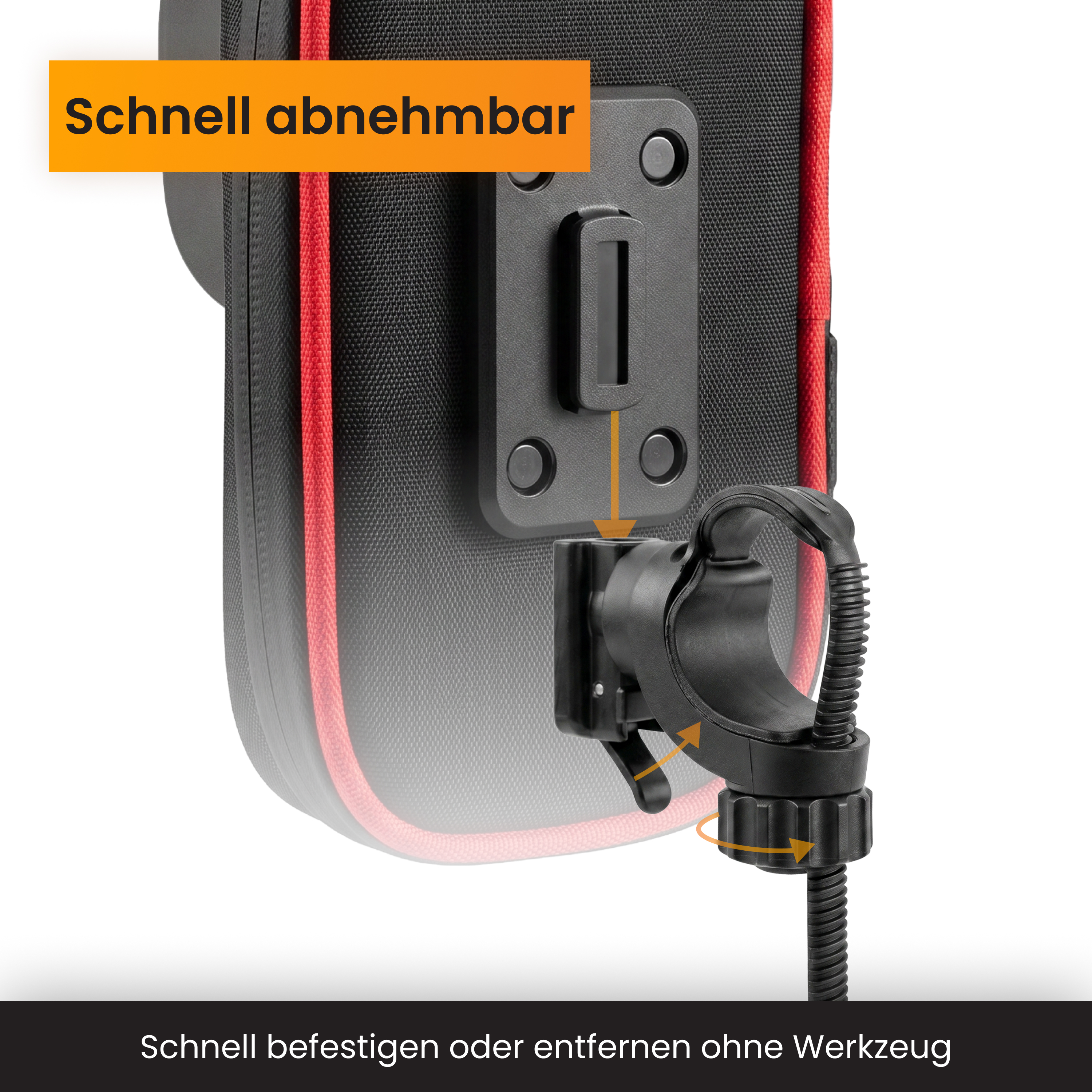 Schwarze Halterung mit rotem Rand, Schnell abnehmbar ohne Werkzeug.