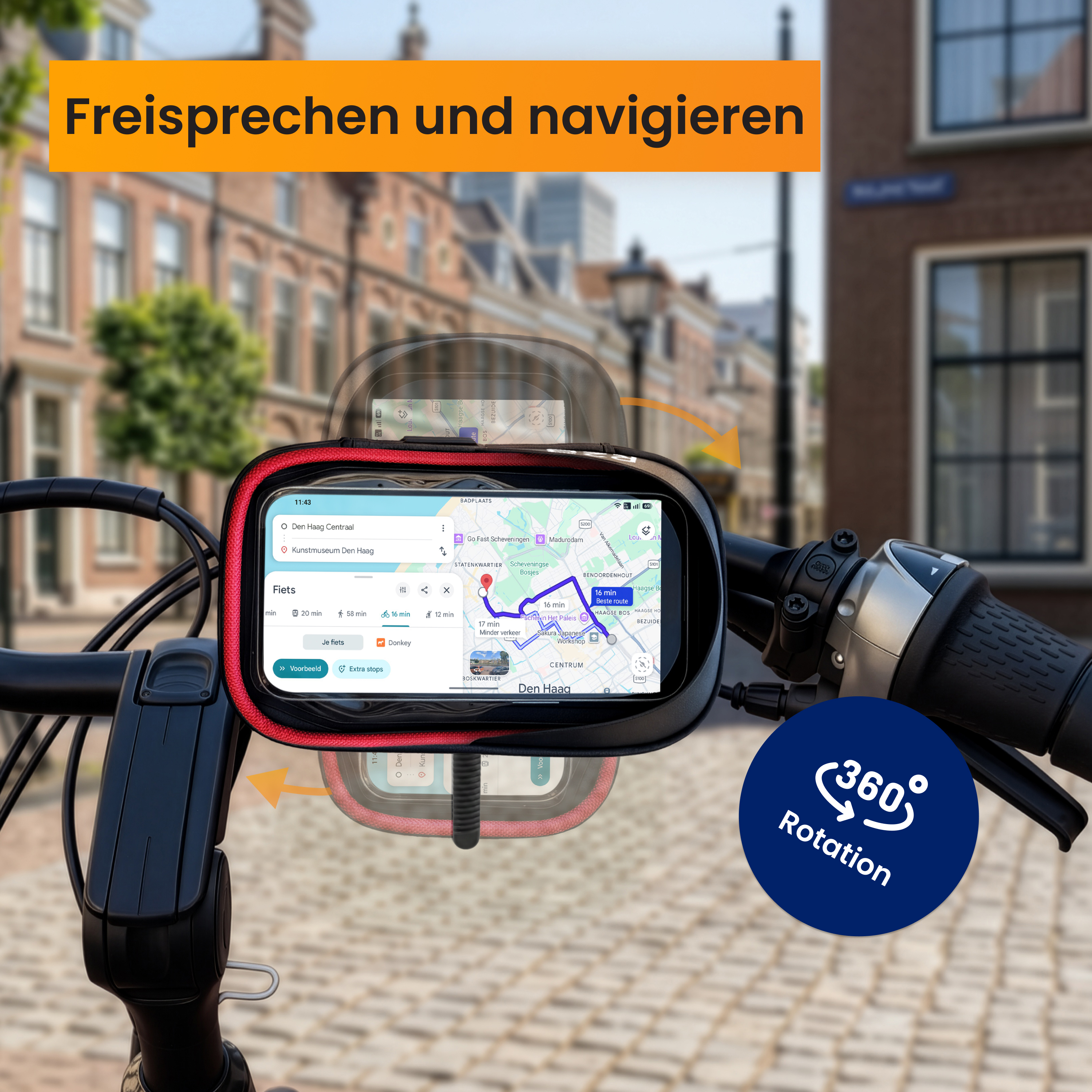 Fahrradhalterung mit Handy, das Navigations-App in Den Haag zeigt.