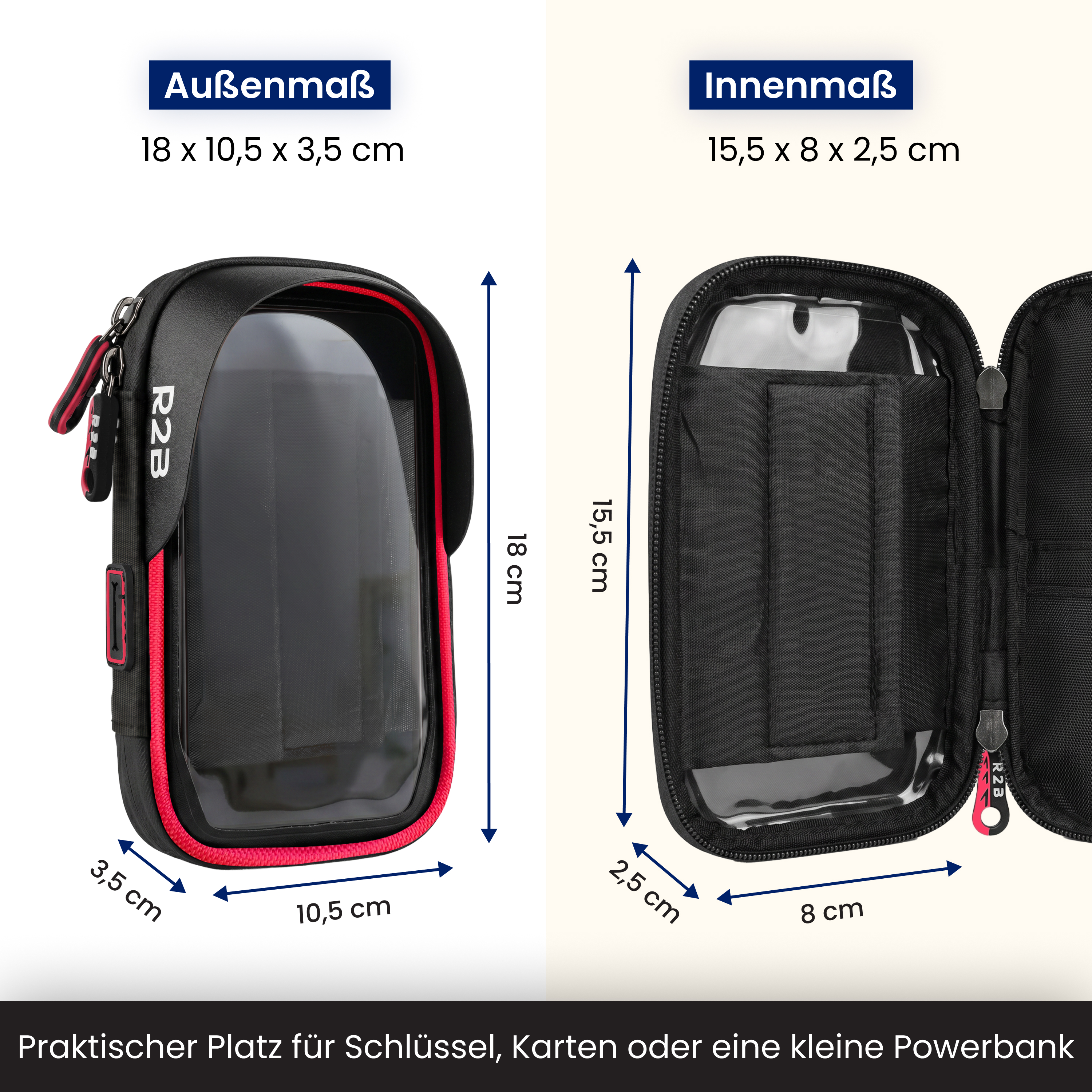 Schwarze Tasche mit roten Akzenten, Maße außen und innen.