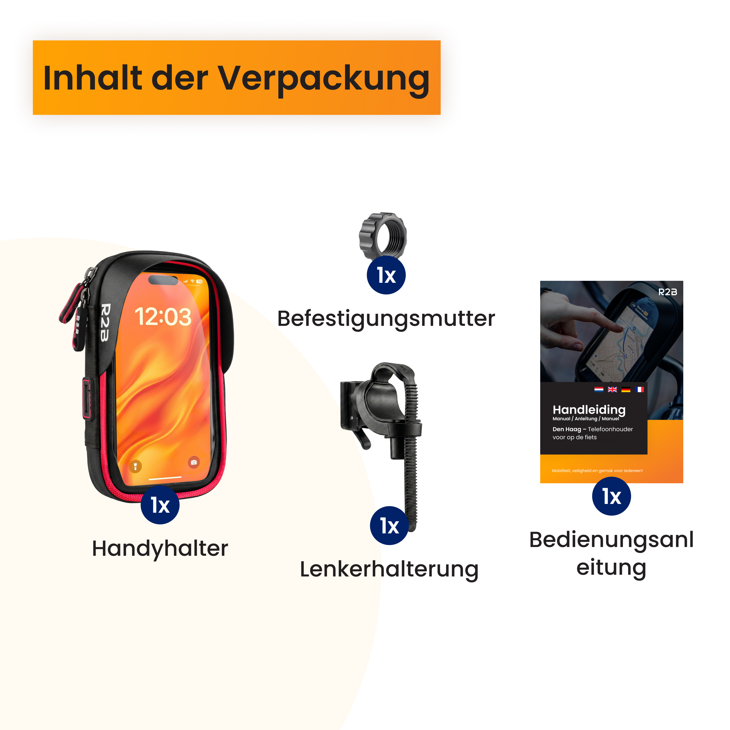 Inhalt der Verpackung: Handyhalter, Befestigungsmutter, Lenkerhalterung, Anleitung.