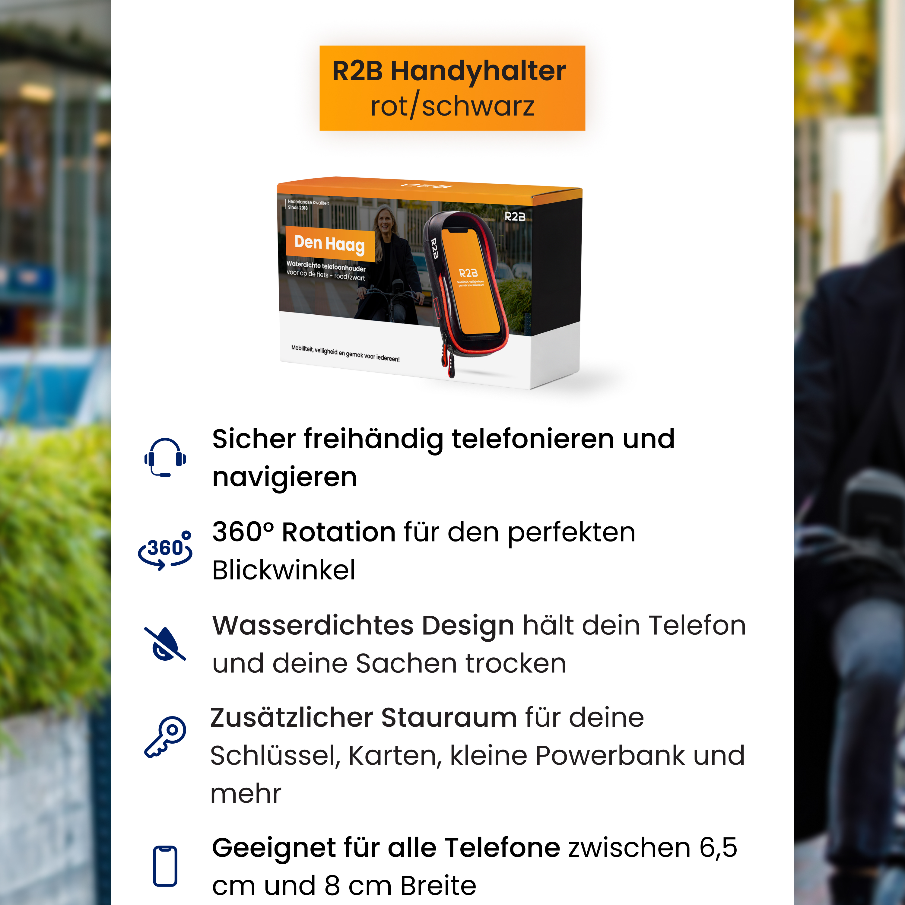 R2B Handyhalter rot/schwarz mit Funktionen wie 360° Rotation und Wasserdichtigkeit.