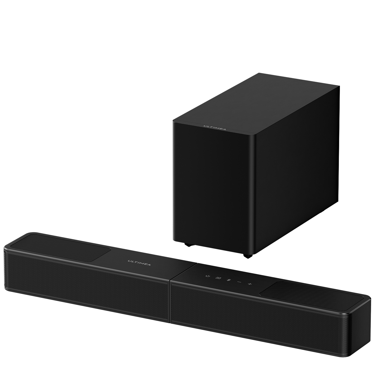 Schwarze Ultimea Soundbar und Subwoofer auf weißem Hintergrund.