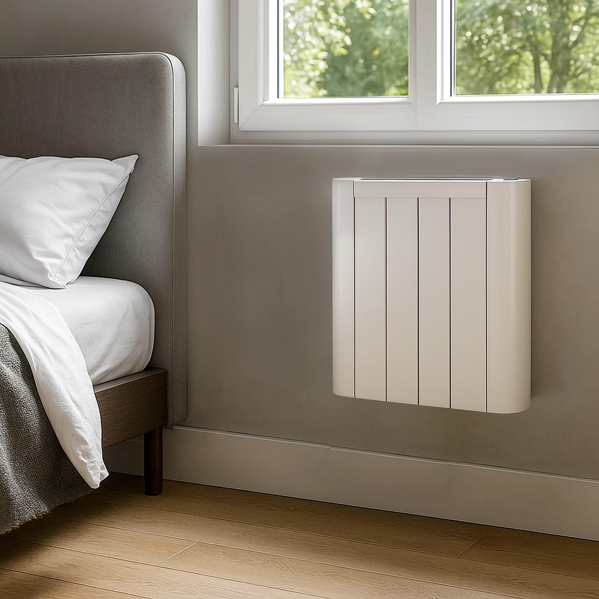 Ein weißer Heizkörper ist an einer grauen Wand neben einem Bett mit weißer Bettdecke montiert.