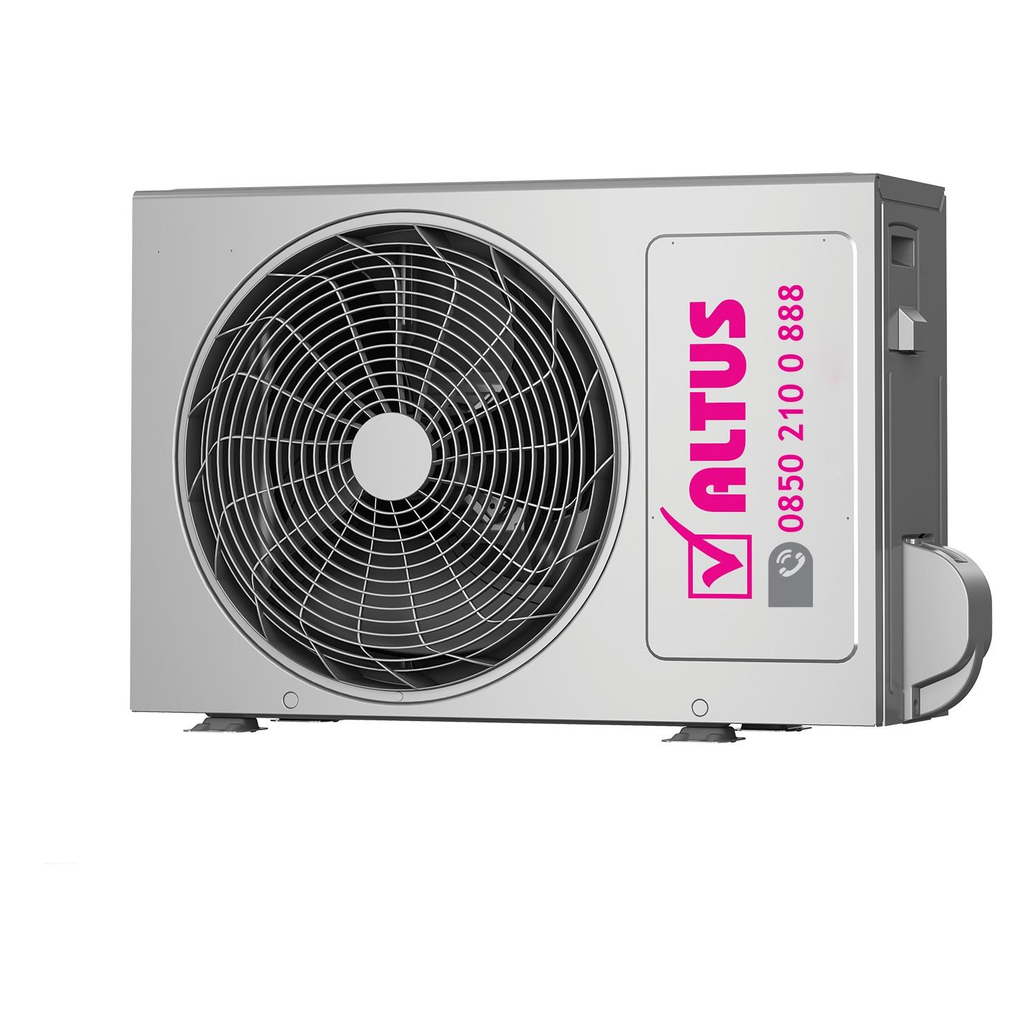 Gümüş rengi klima ünitesi, büyük fan ızgarası ve pembe logo.