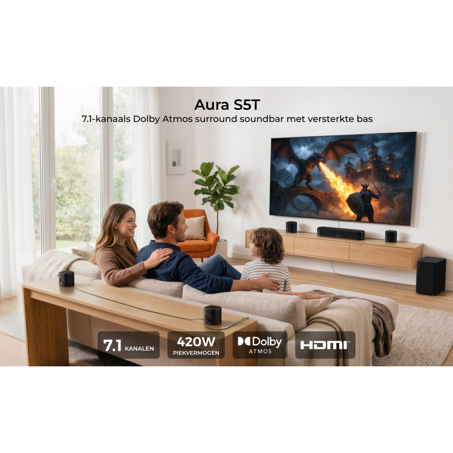 Famille regardant la télévision. Scène de dragon à l'écran, barre de son en bas.