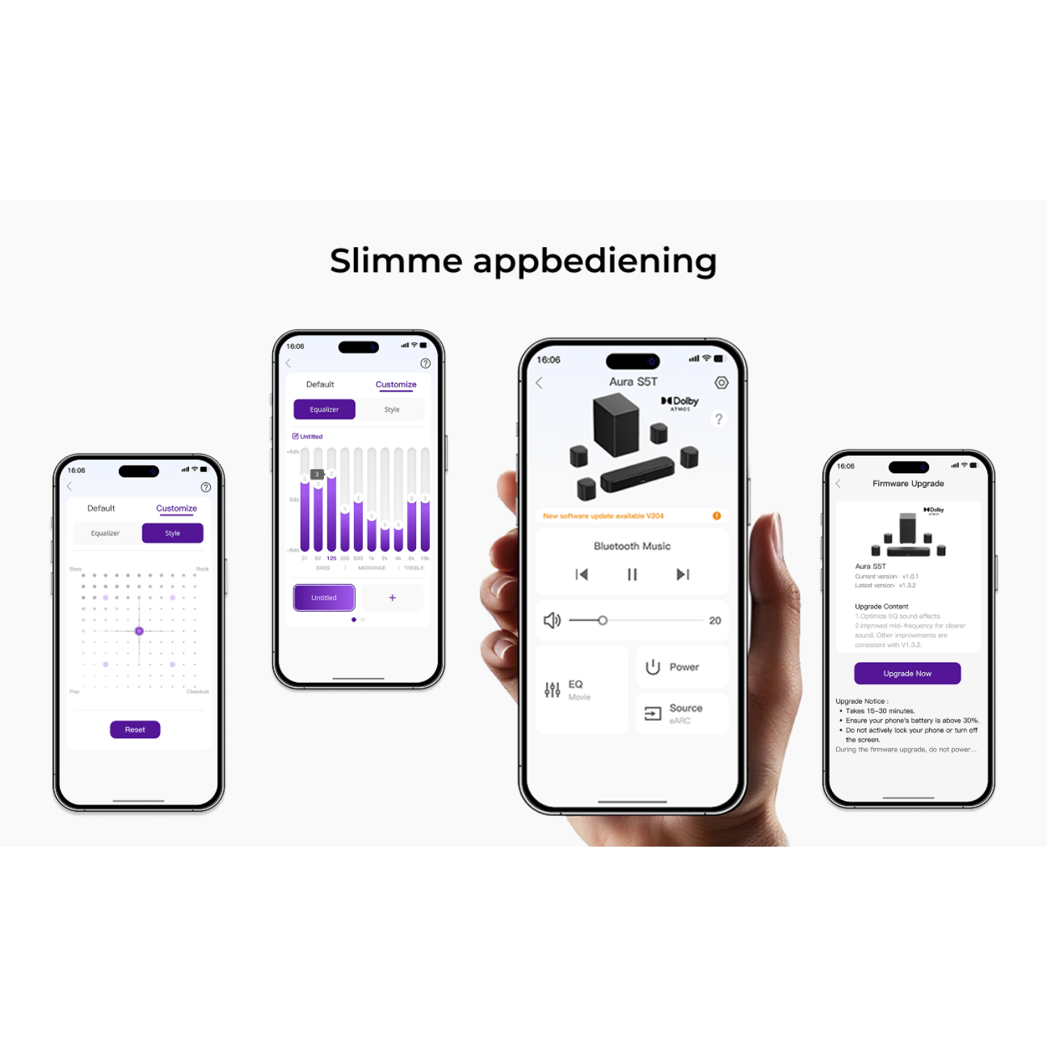 Quatre smartphones affichent les paramètres d'application pour les appareils audio, EQ et mises à jour.