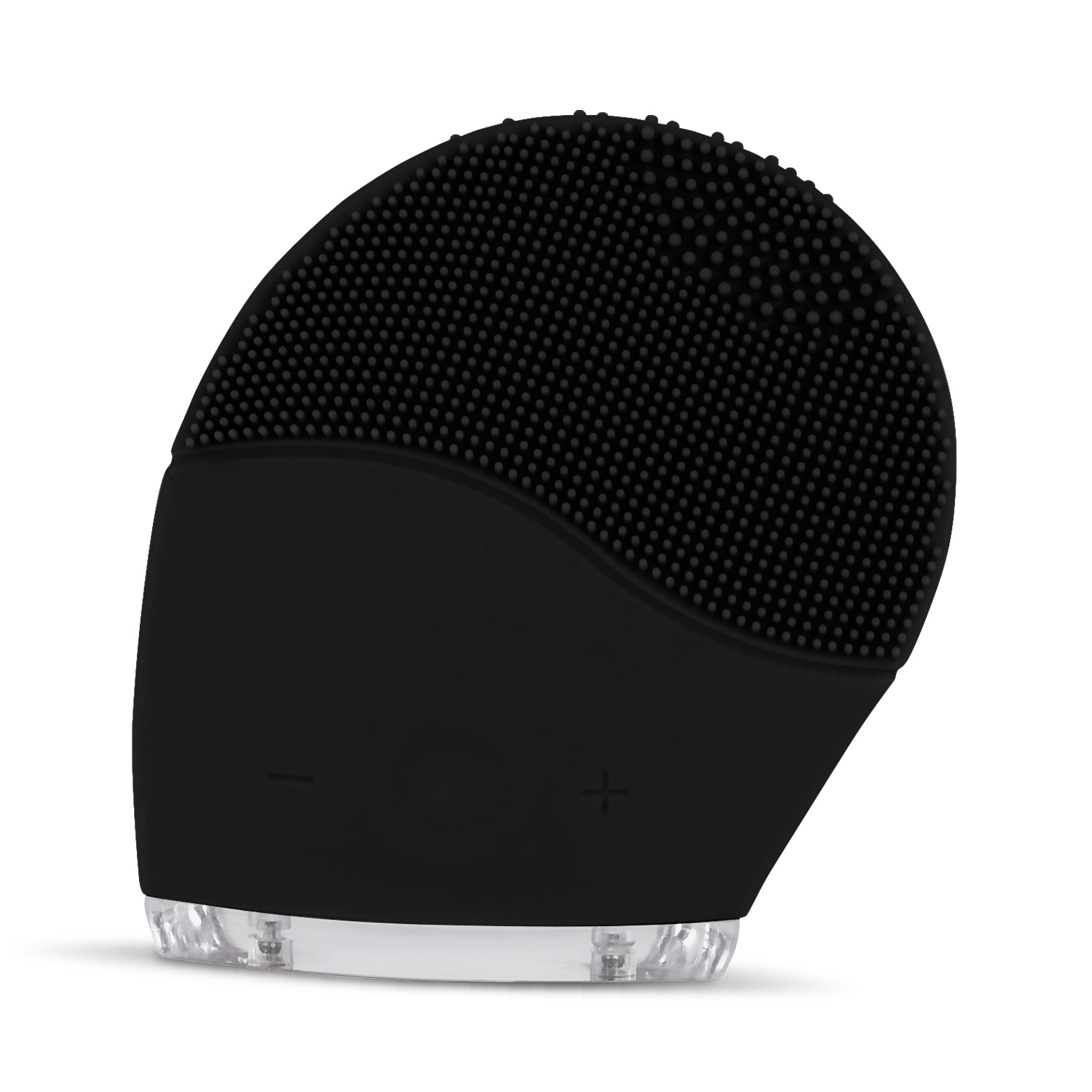 Dispositivo de limpieza facial negro con cerdas de silicona y base transparente.