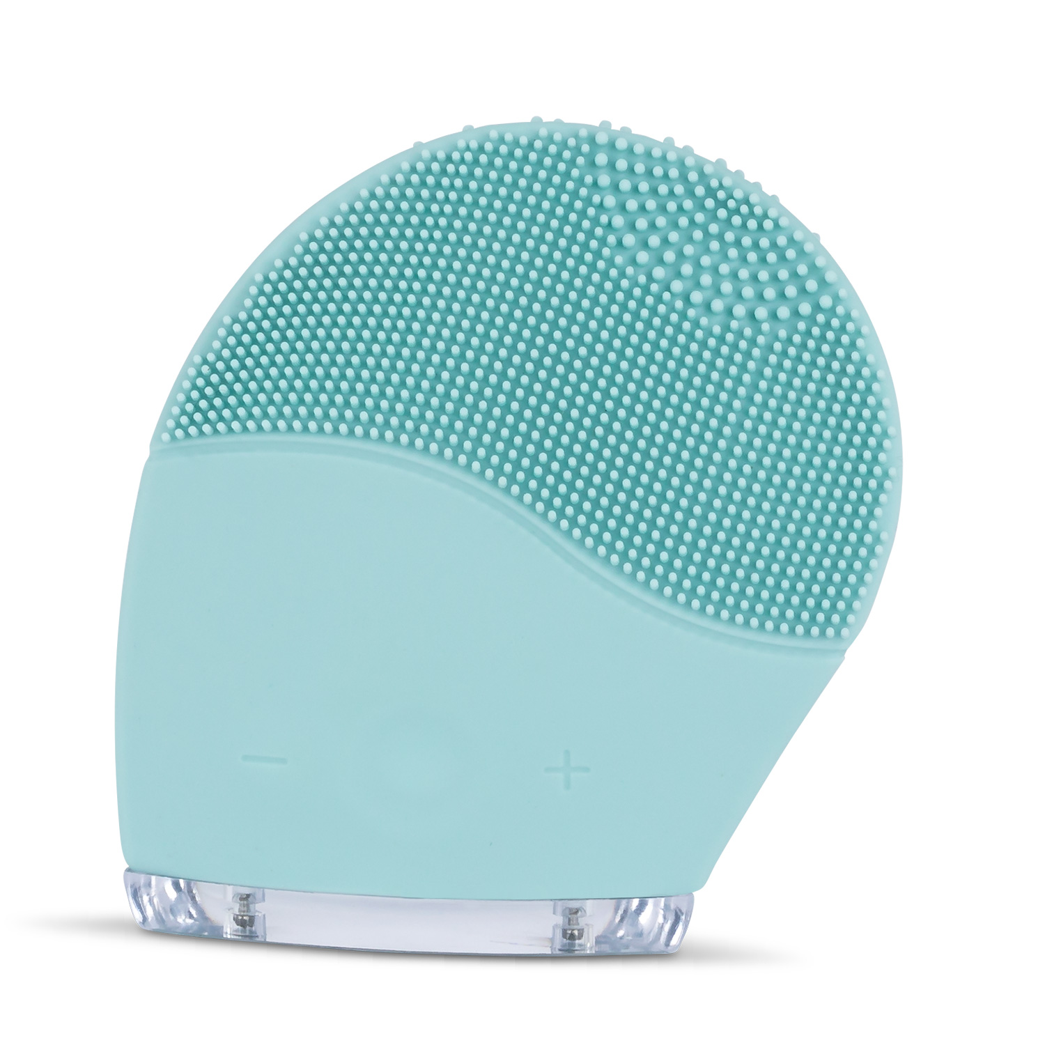 Un cepillo limpiador facial turquesa con cerdas de silicona y base transparente.
