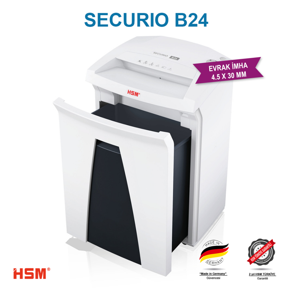 HSM Securio B24 beyaz kağıt öğütücü, açık bölmesi ve siyah haznesi görünüyor.