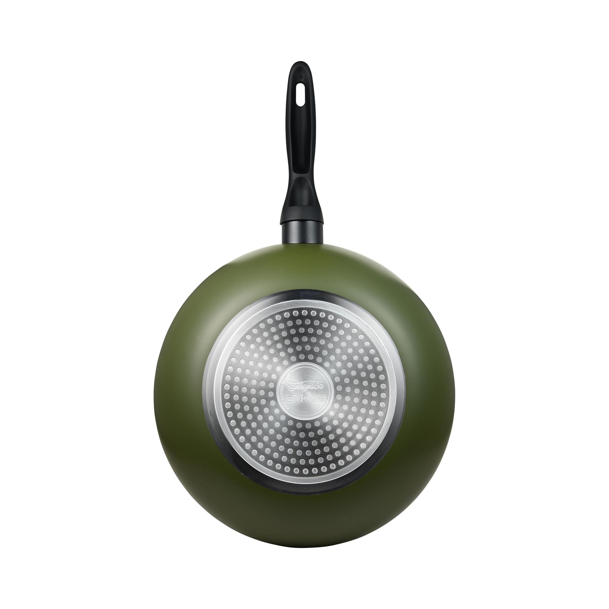 Una sartén verde con mango negro y placa base circular.